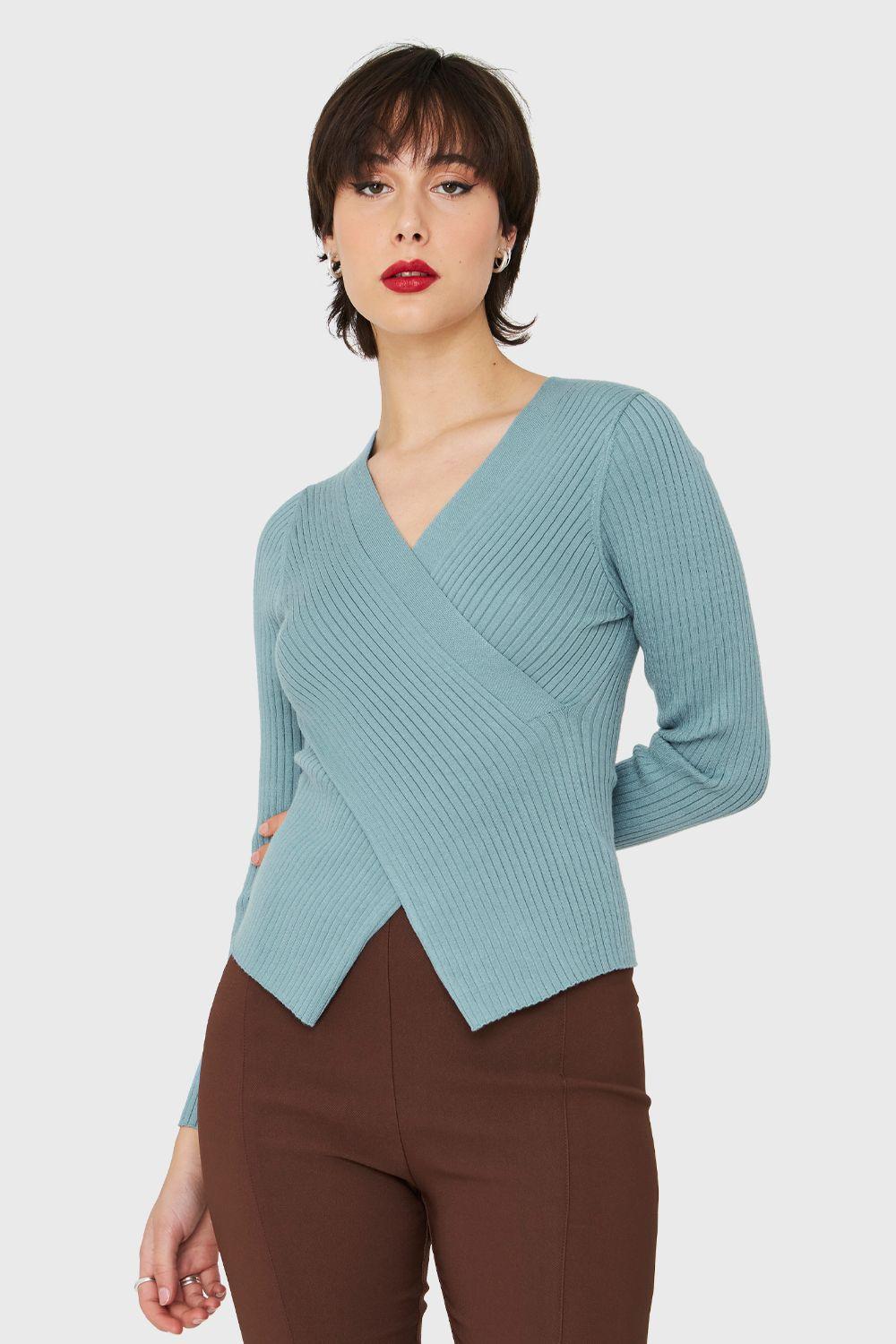 Polera Acanalada Escote Cruzado Celeste Nicopoly-4