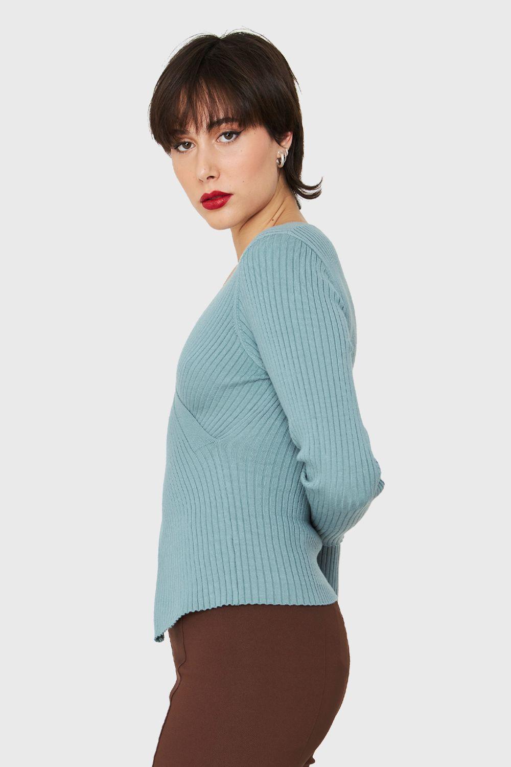 Polera Acanalada Escote Cruzado Celeste Nicopoly-2