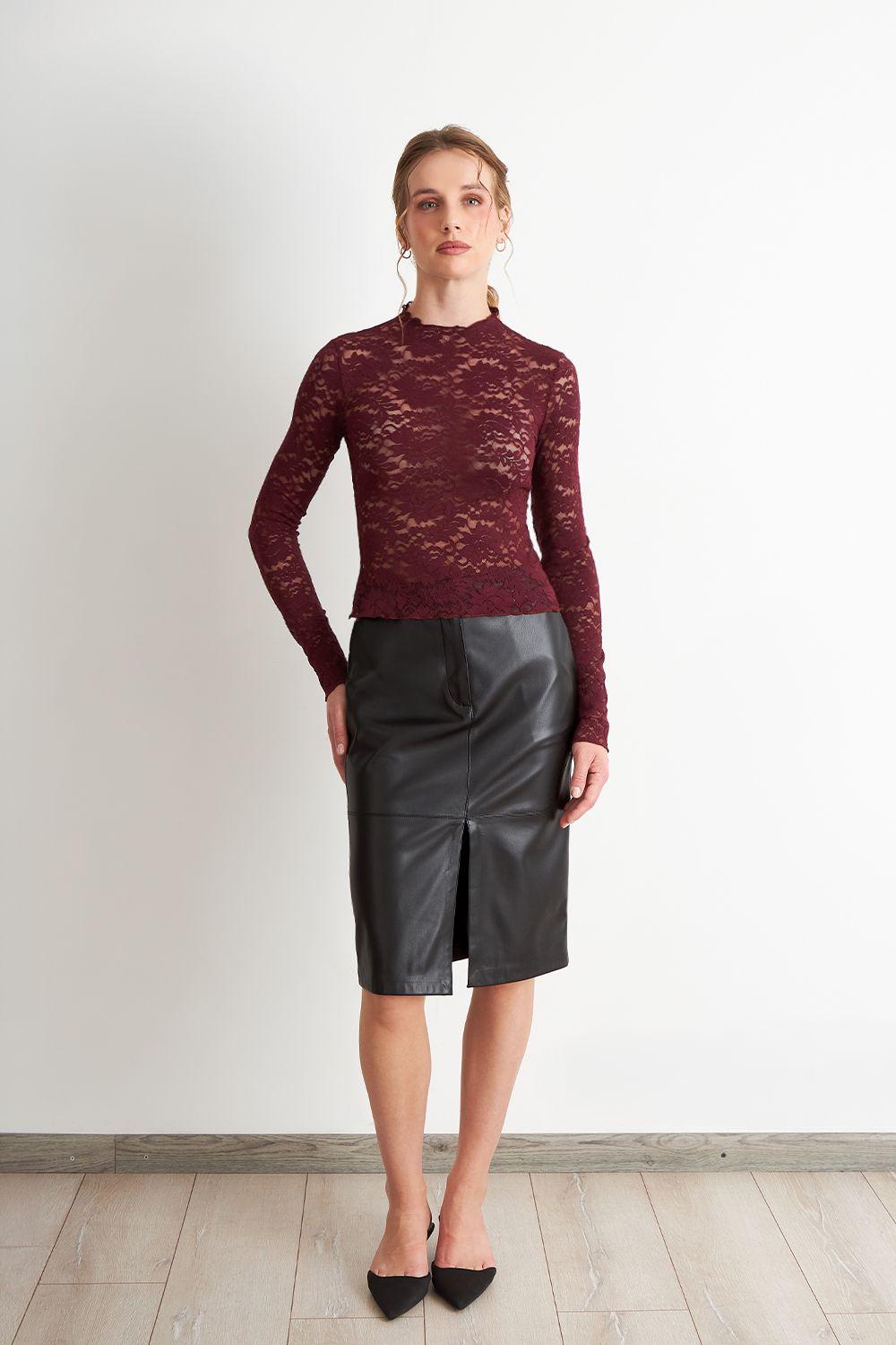 Falda Midi Ecocuero Negro Nicopoly-1