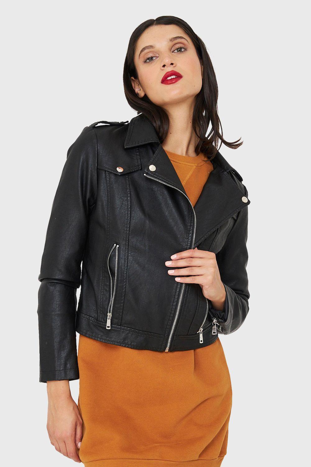 Chaqueta Biker Ecocuero Corta Negro  Nicopoly-0
