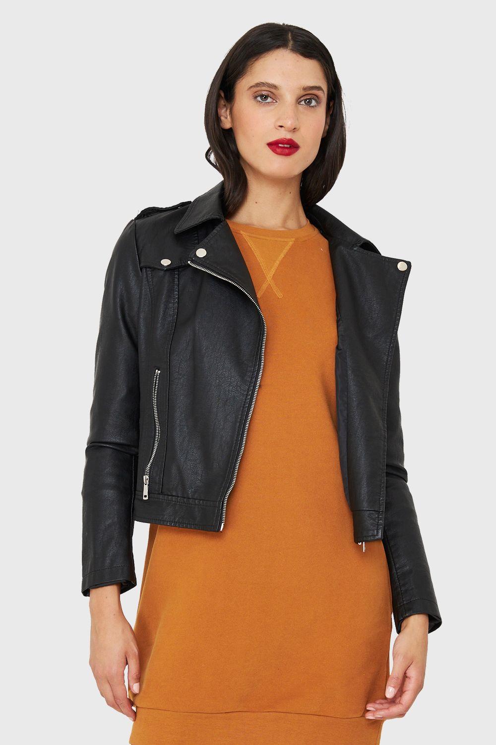 Chaqueta Biker Ecocuero Corta Negro  Nicopoly-4