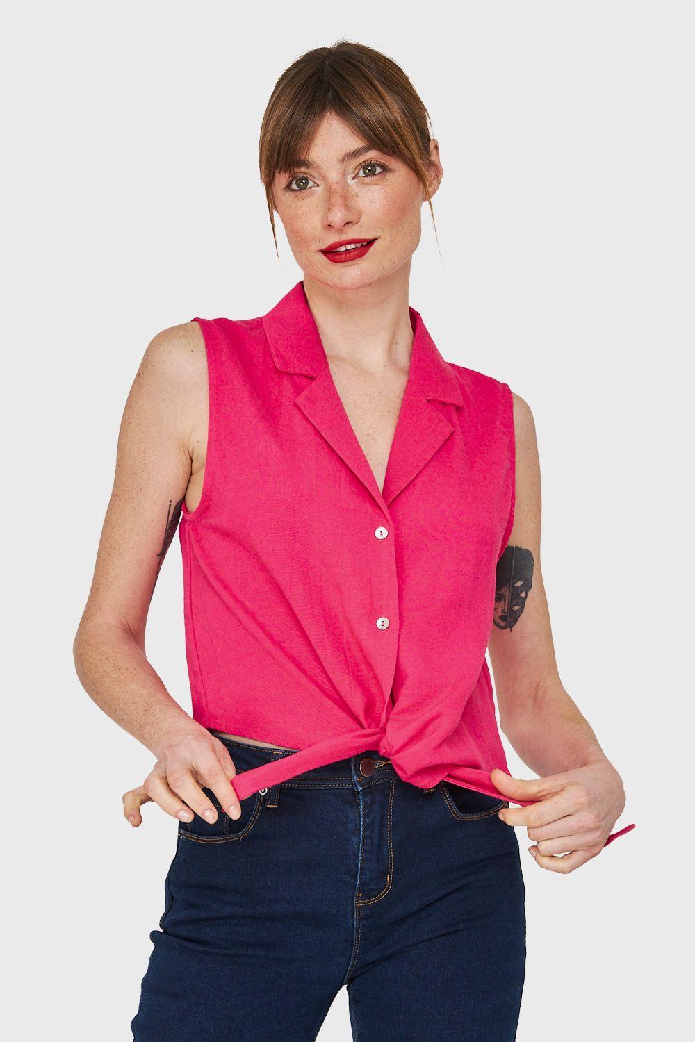 Blusa Cuello Camisero y Nudo Fucsia Nicopoly-0