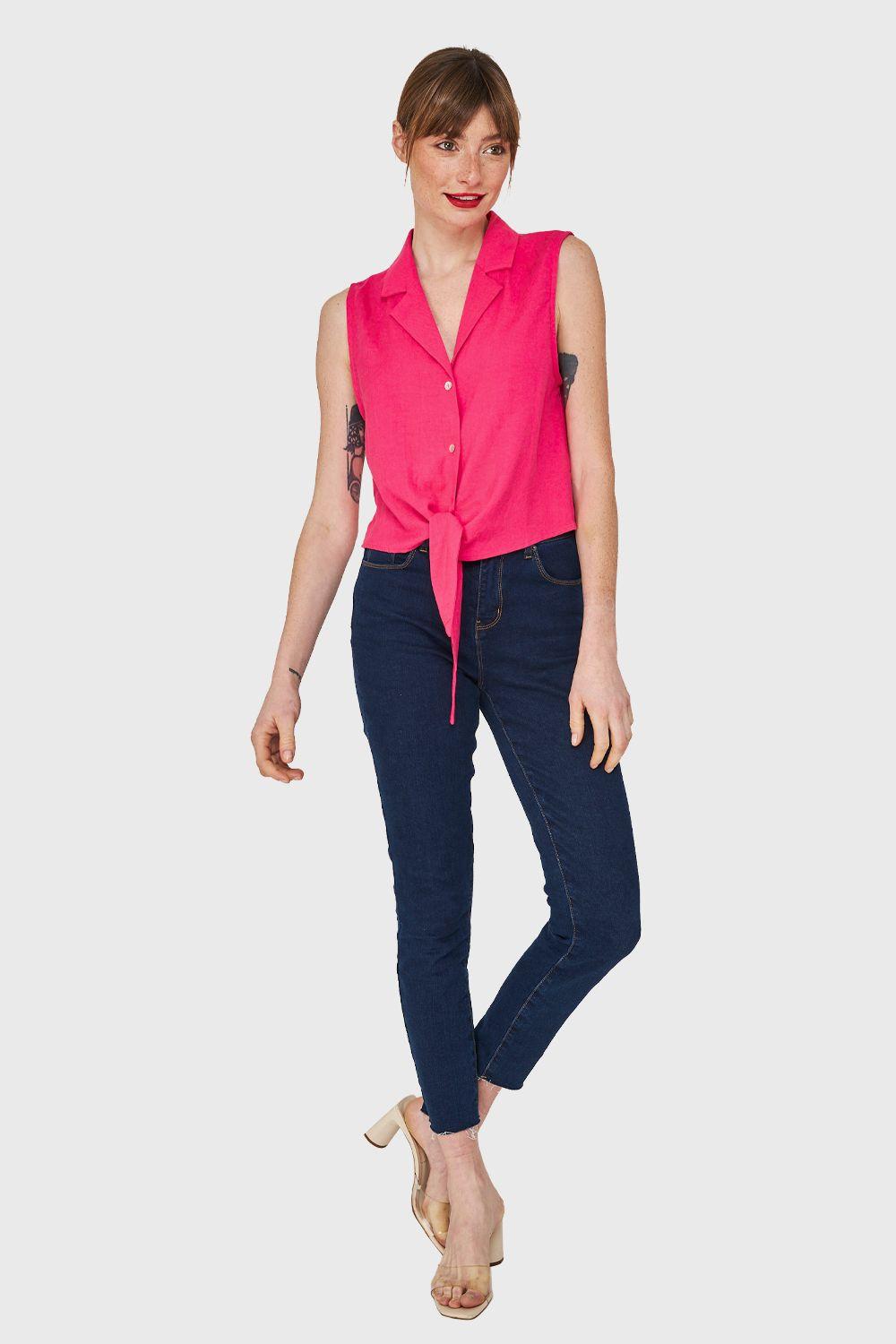 Blusa Cuello Camisero y Nudo Fucsia Nicopoly-1