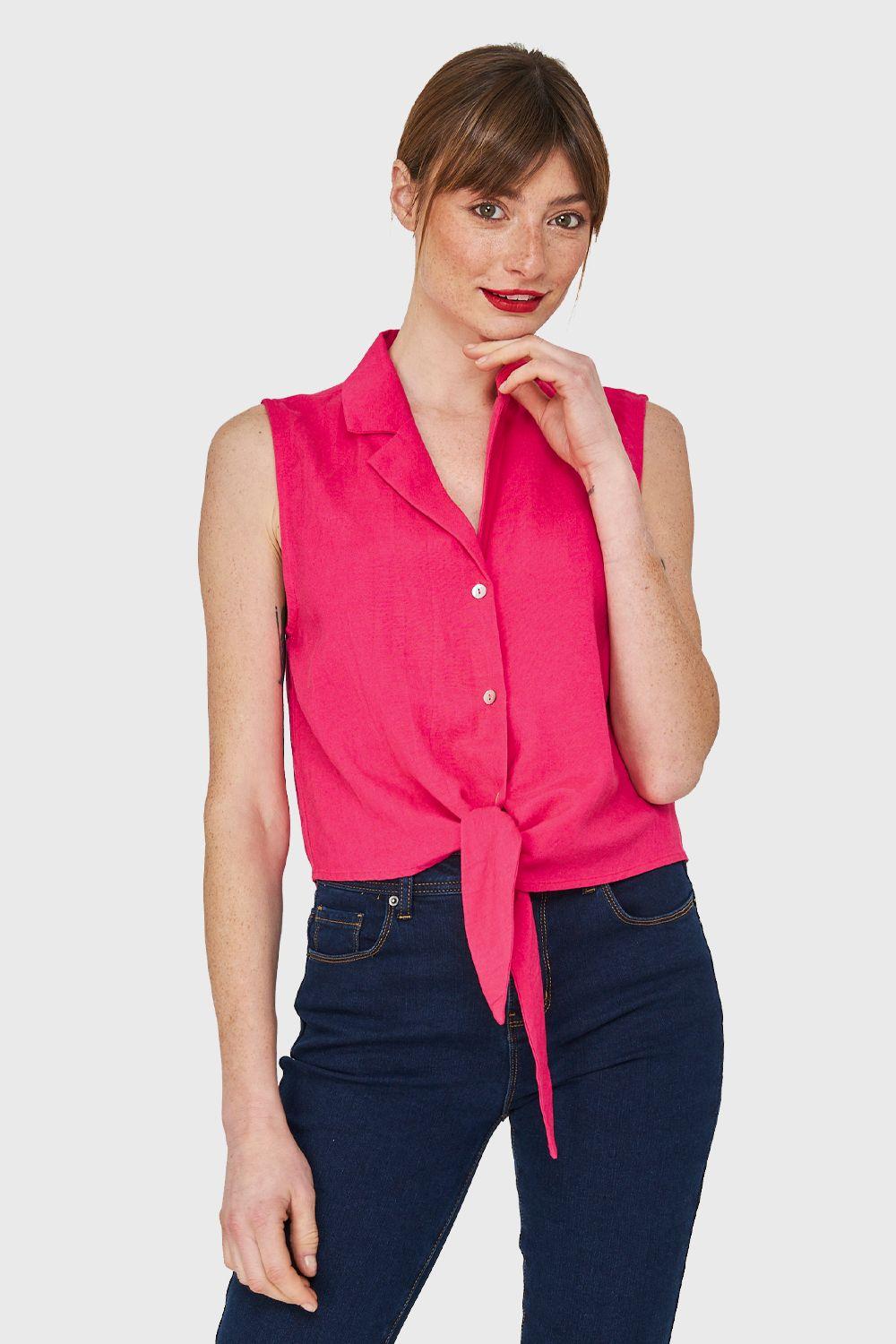 Blusa Cuello Camisero y Nudo Fucsia Nicopoly-4