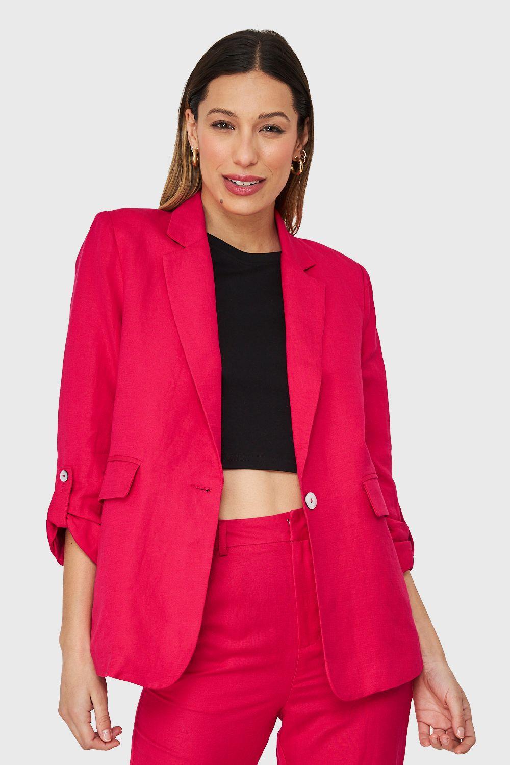 Blazer Tipo Lino Manga 3/4 Ajustable Fucsia Nicopoly-4