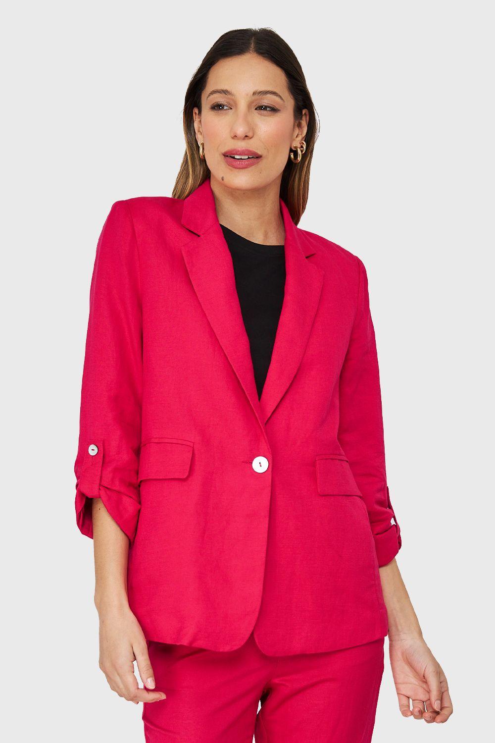 Blazer Tipo Lino Manga 3/4 Ajustable Fucsia Nicopoly-0