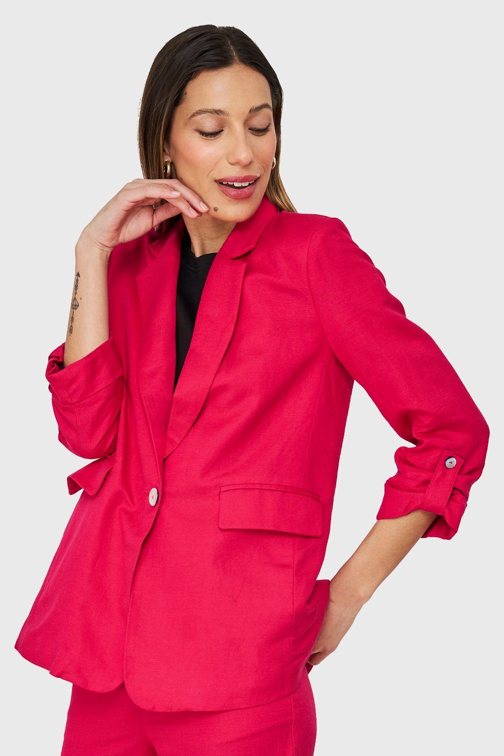 Blazer Tipo Lino Manga 3/4 Ajustable Fucsia Nicopoly-2
