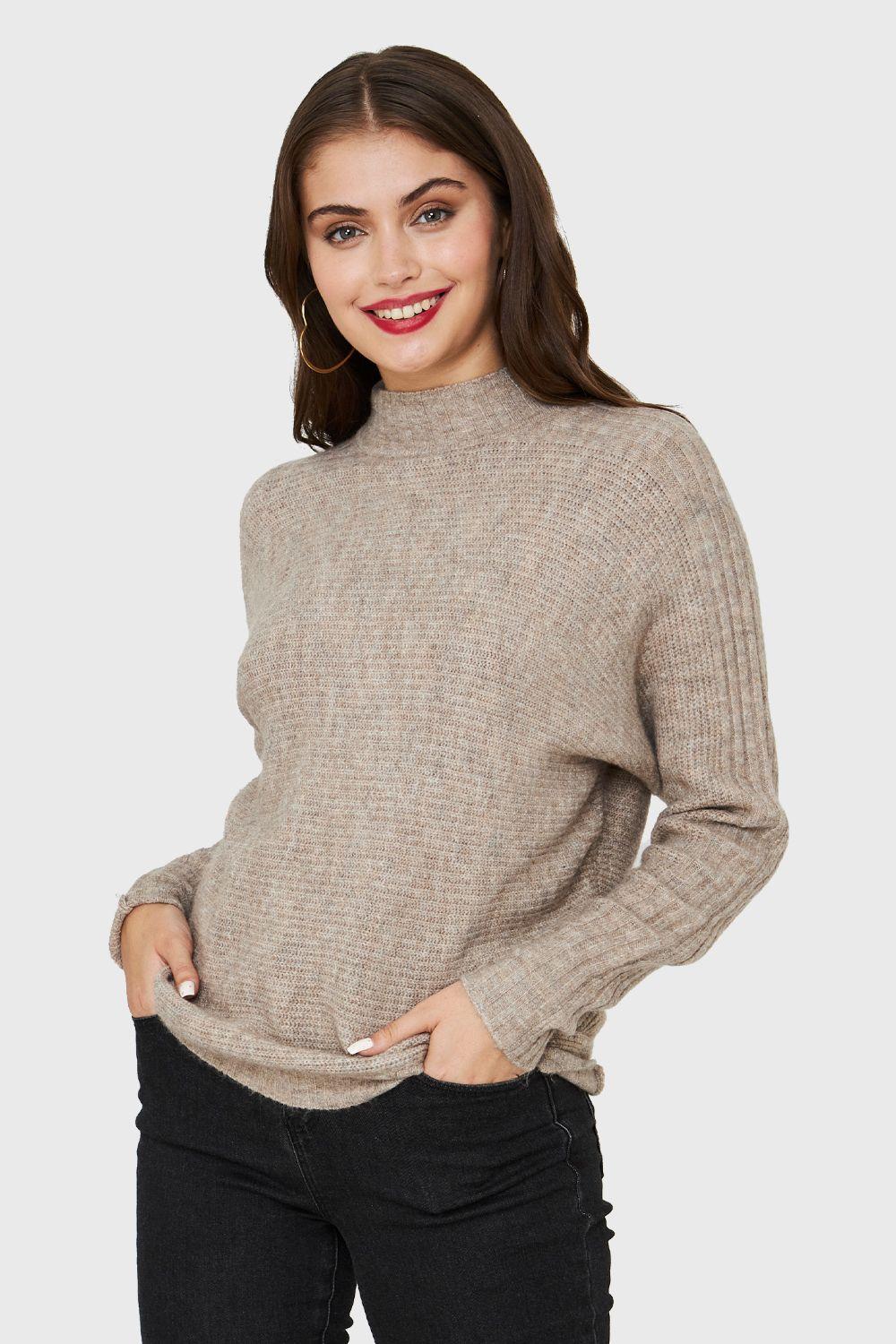 Sweater Cuello Alto Acanalado Taupe Nicopoly-0