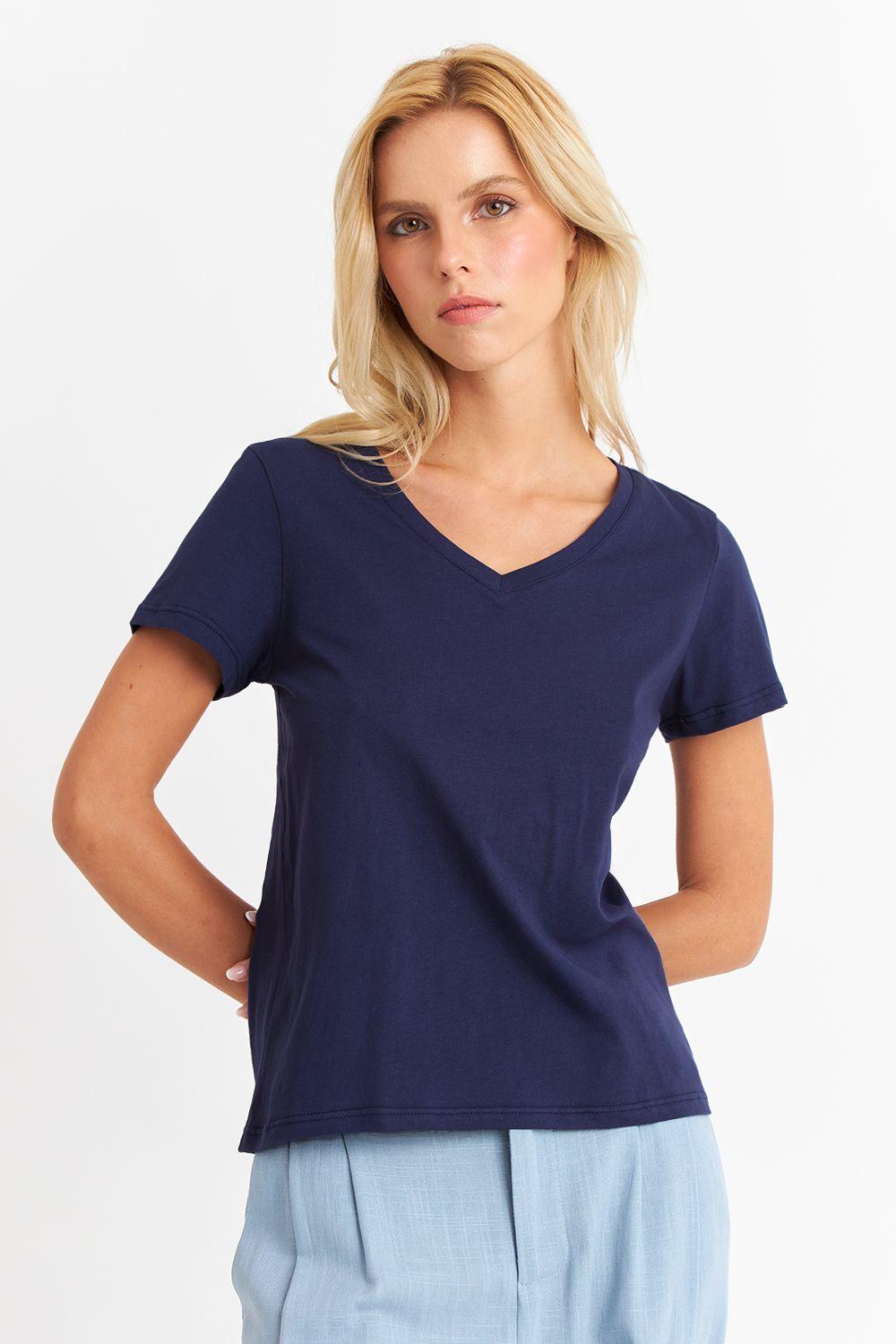Polera Escote en V Básica Azul Marino Nicopoly-4