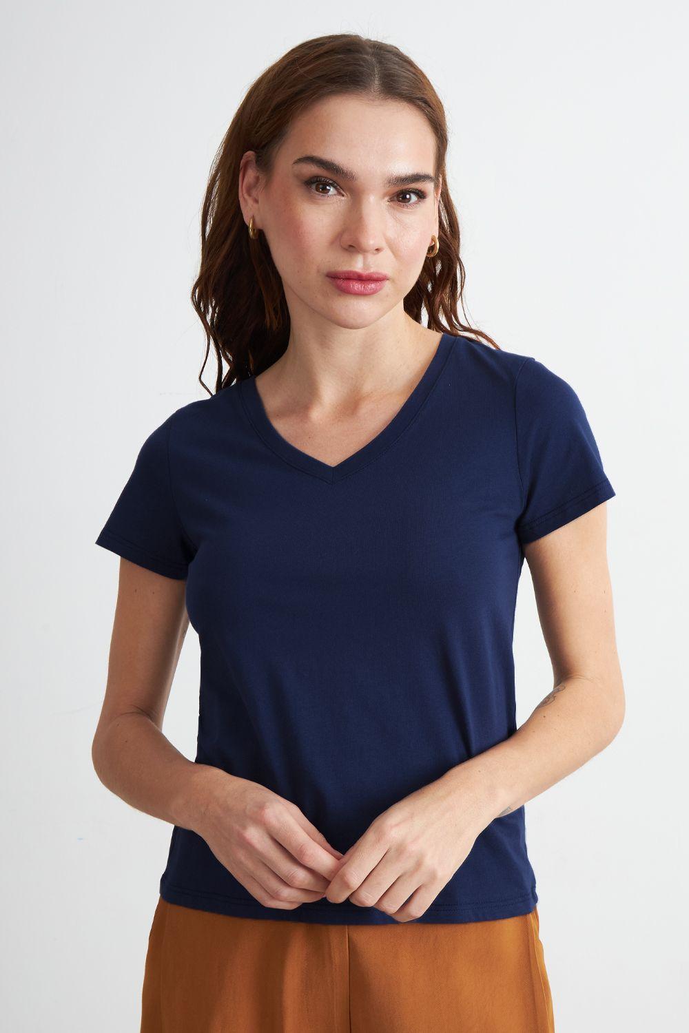 Polera Escote en V Básica Azul Marino Nicopoly-3