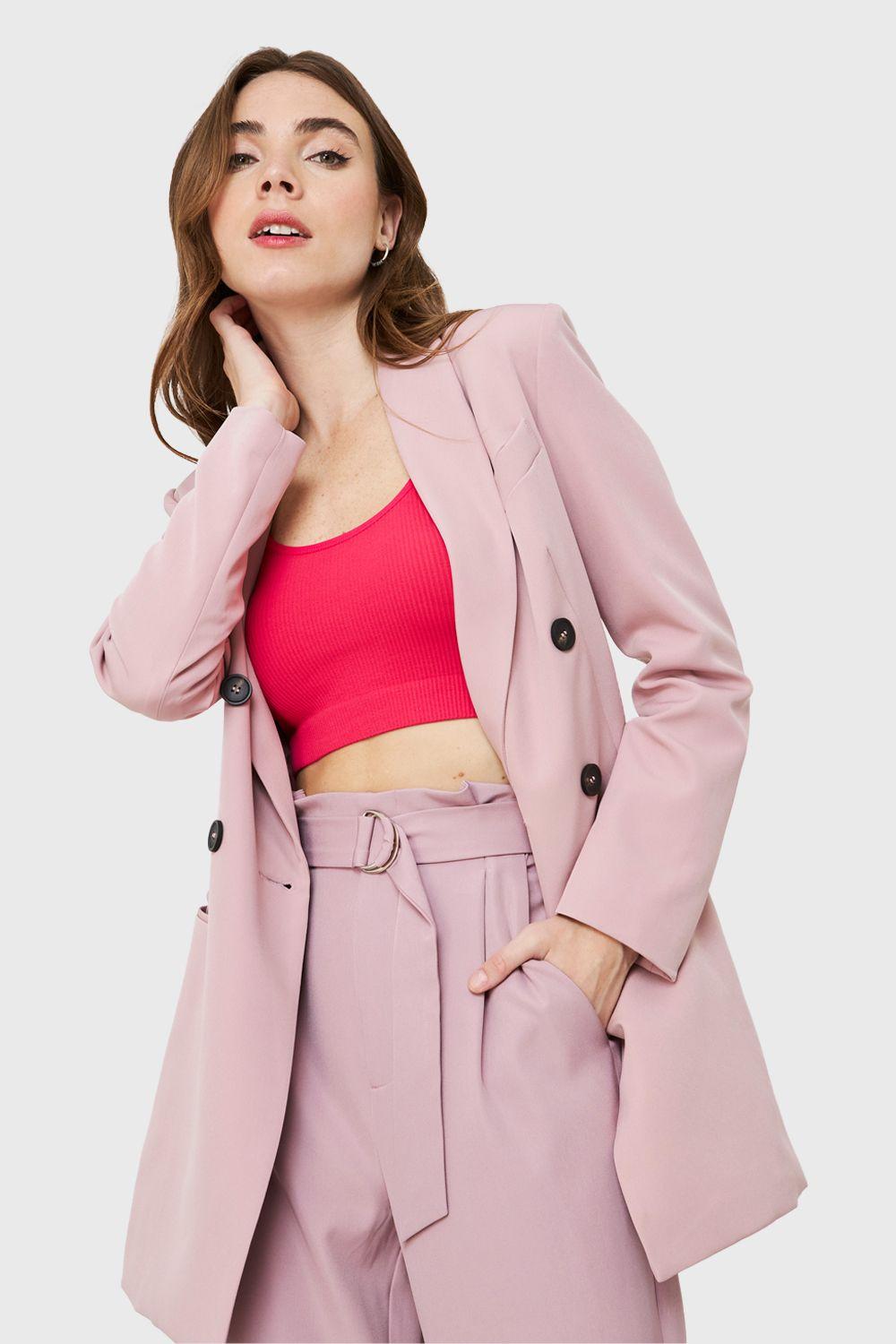 Blazer Largo Cuatro Botones Rosa Pastel Nicopoly-4