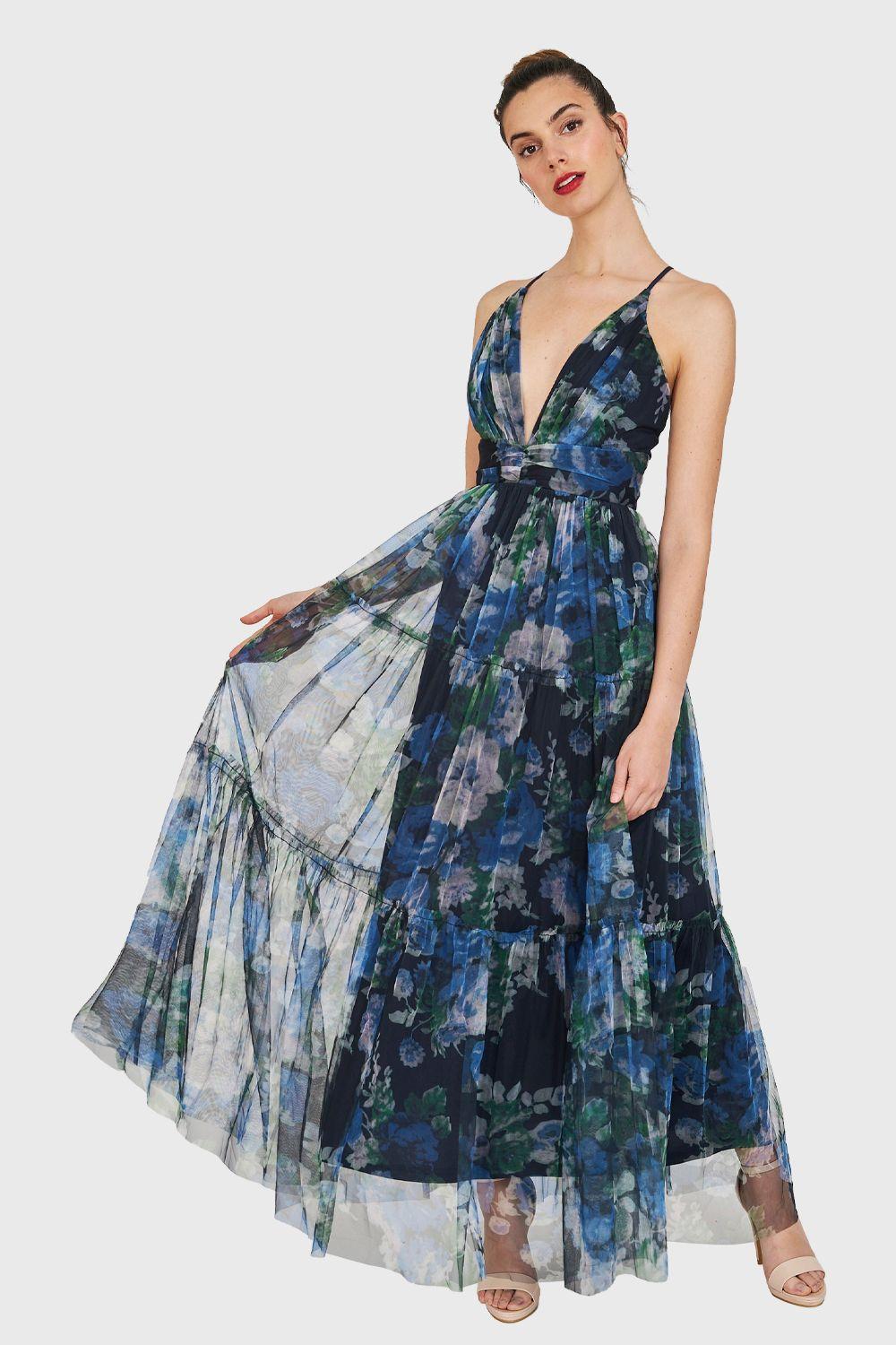 Maxi Vestido Floral Corte Imperio Azul Nicopoly-0