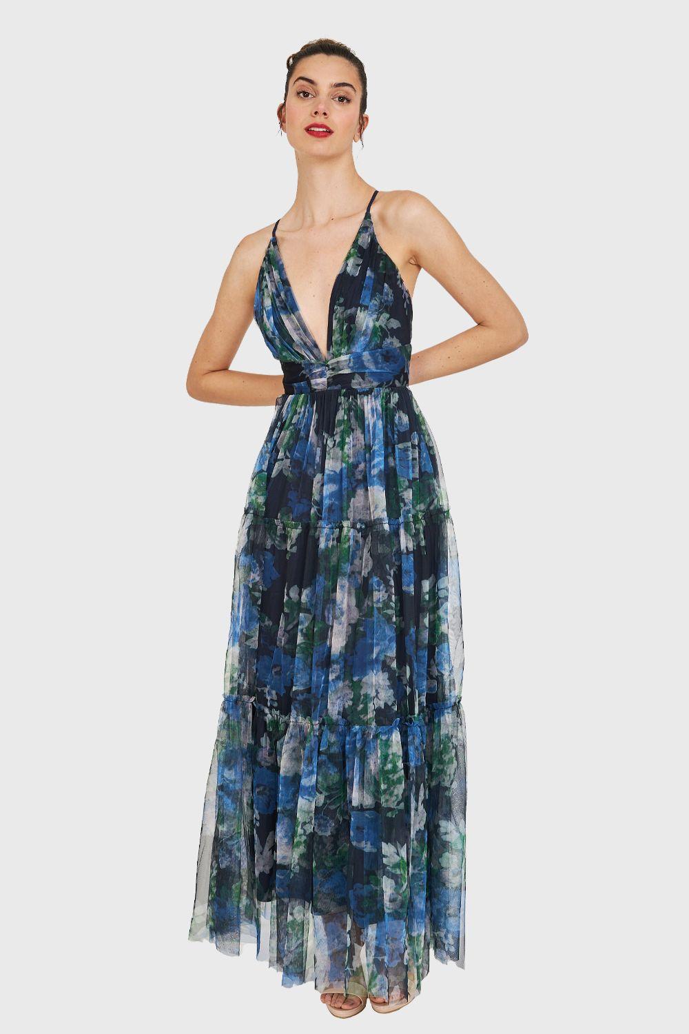 Maxi Vestido Floral Corte Imperio Azul Nicopoly-1