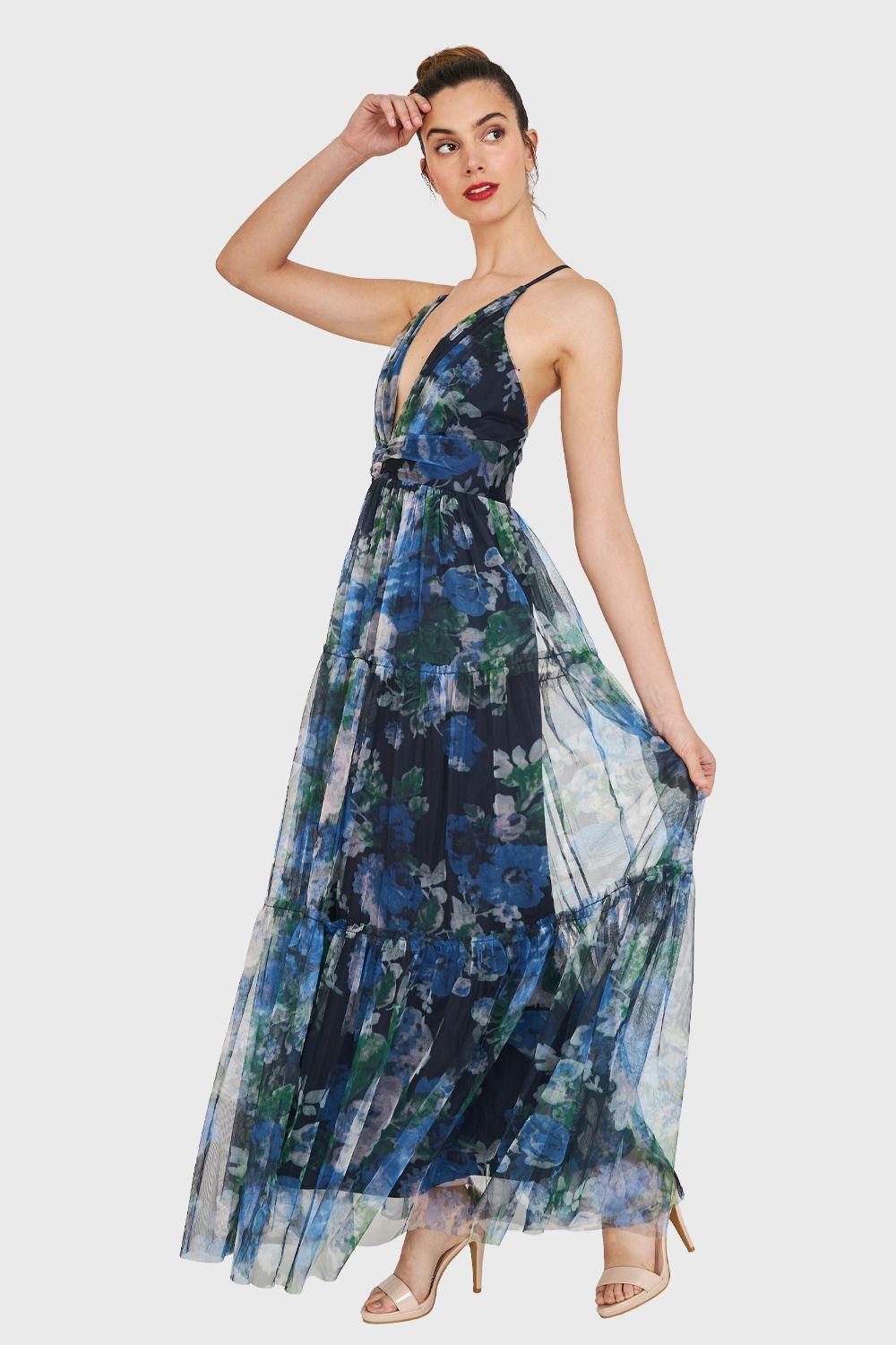 Maxi Vestido Floral Corte Imperio Azul Nicopoly-2