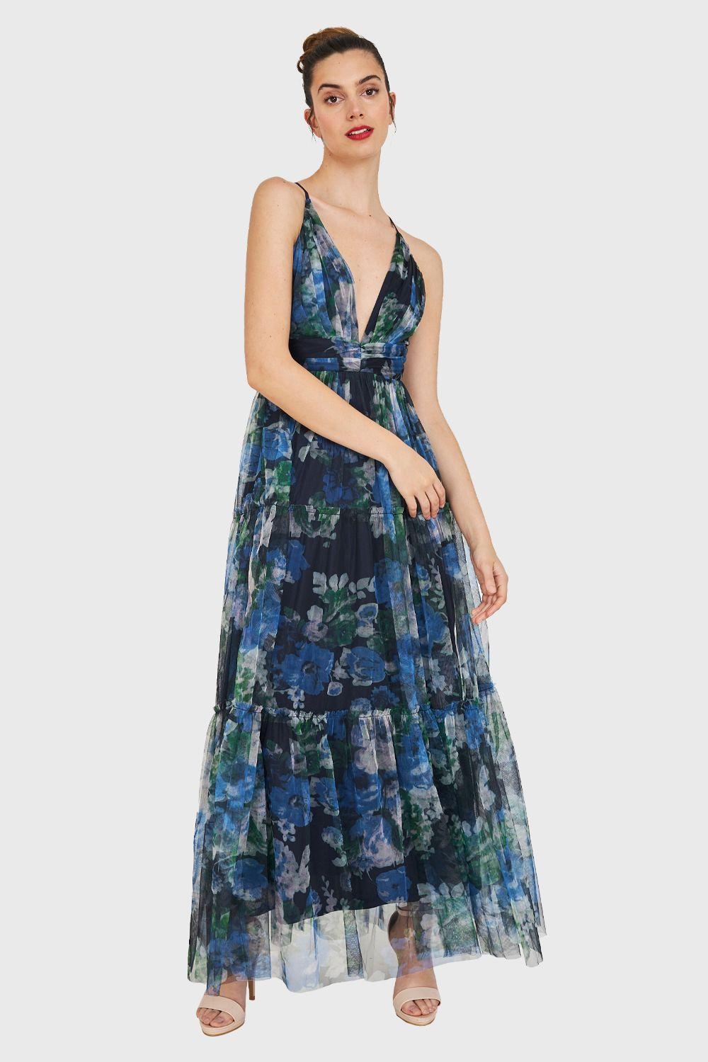 Maxi Vestido Floral Corte Imperio Azul Nicopoly-4