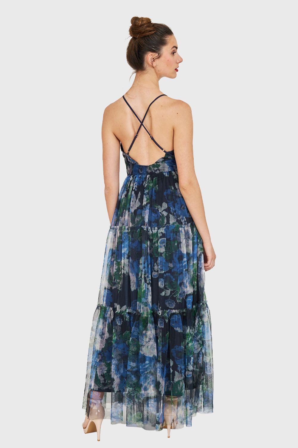 Maxi Vestido Floral Corte Imperio Azul Nicopoly-3