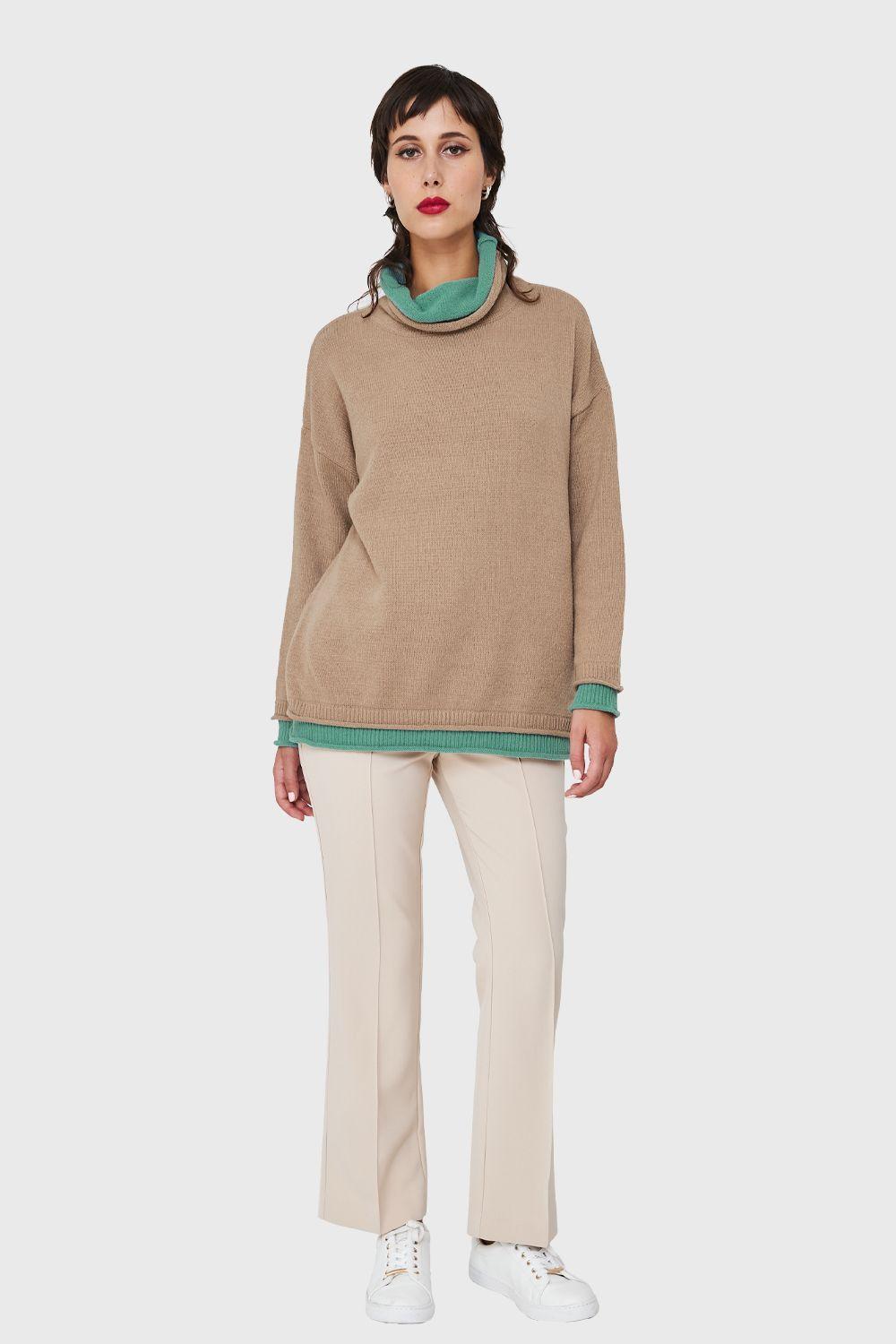Sweater Holgado Efecto Doble Prenda Khaki Nicopoly-1
