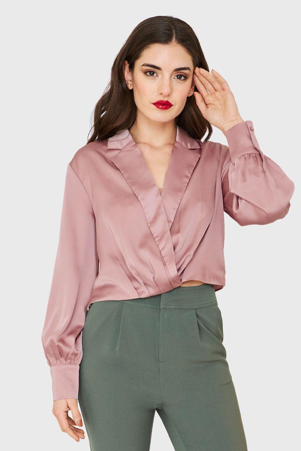 Blusa Crop Cruzada Tipo Satín Palo Rosa Nicopoly-4