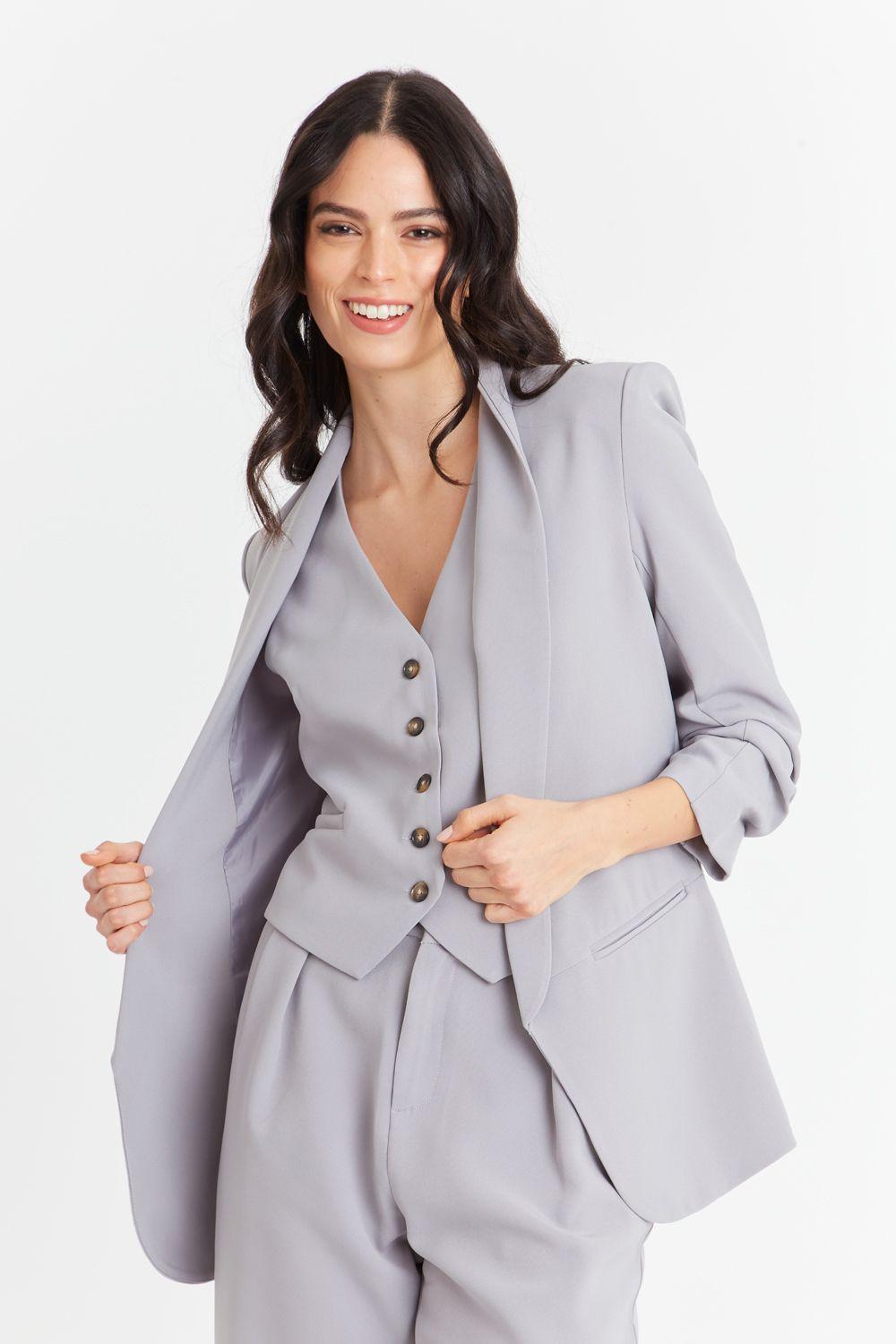 Blazer Manga 3/4 Ajustada Con Pliegues Gris-0