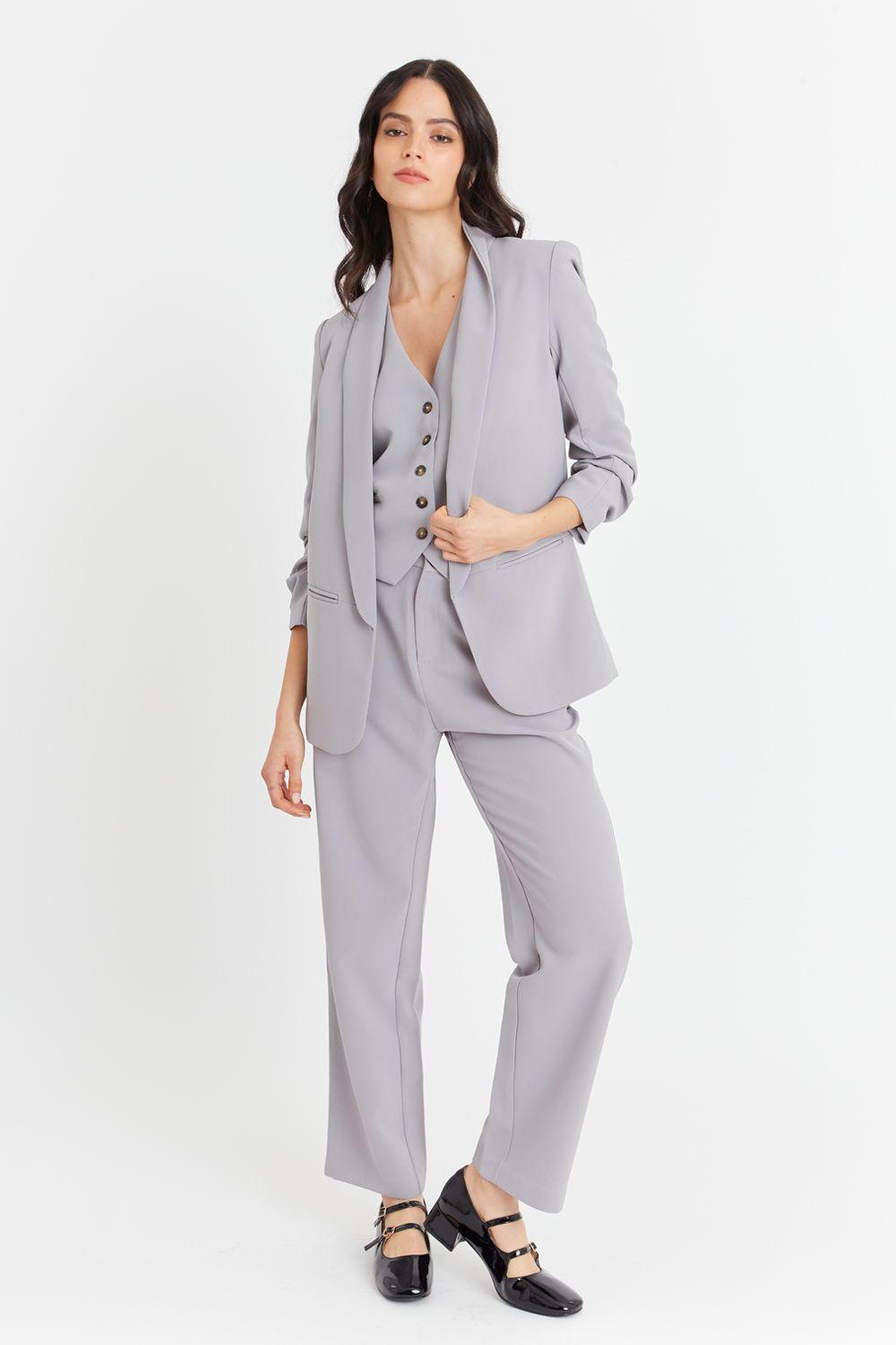 Blazer Manga 3/4 Ajustada Con Pliegues Gris-1