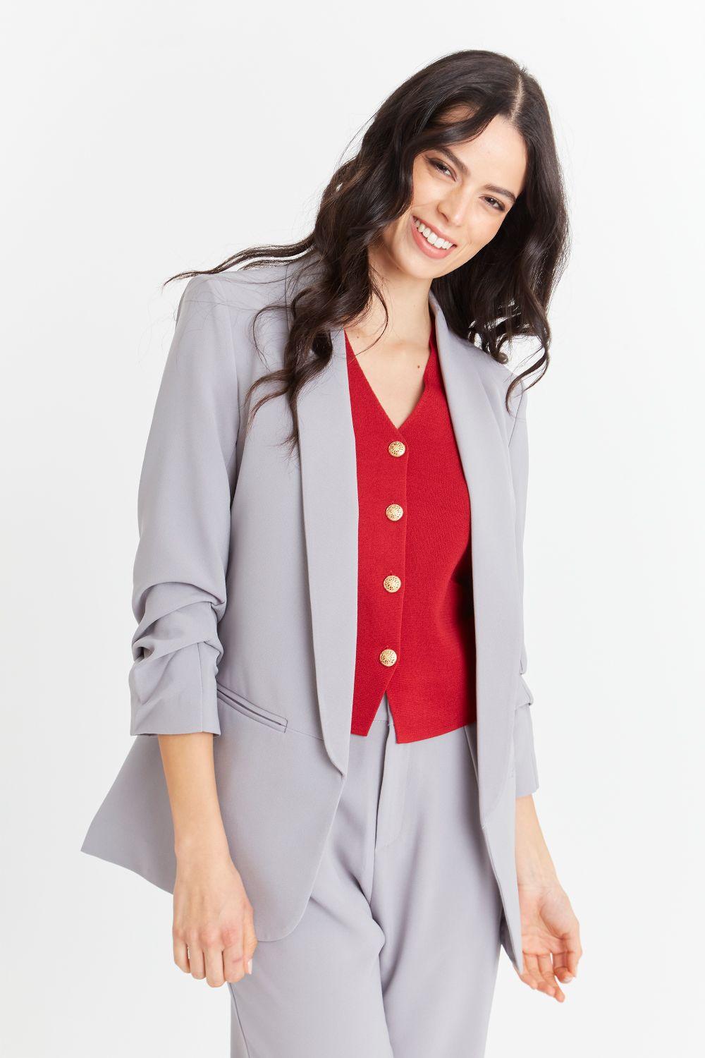 Blazer Manga 3/4 Ajustada Con Pliegues Gris-4
