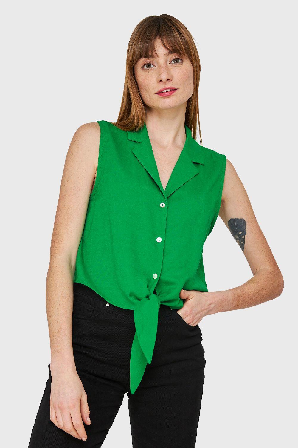 Blusa Cuello Camisero y Nudo Verde Nicopoly-0