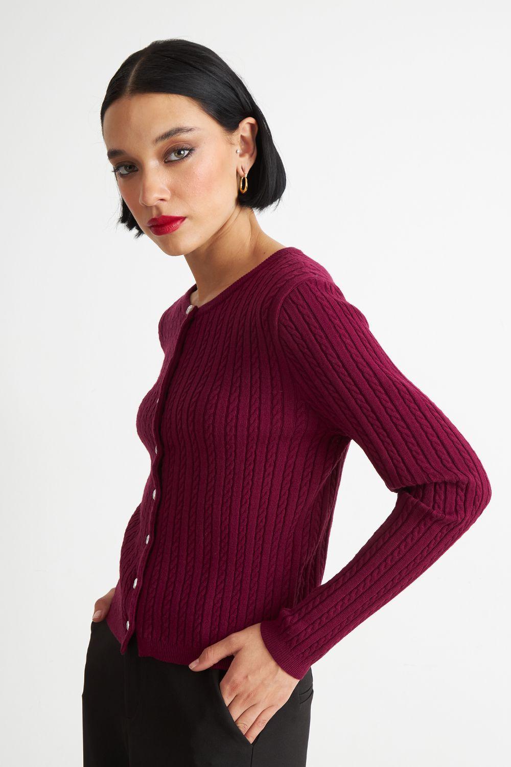 Cárdigan Trenzado Cuello Redondo Burdeo Nicopoly-2