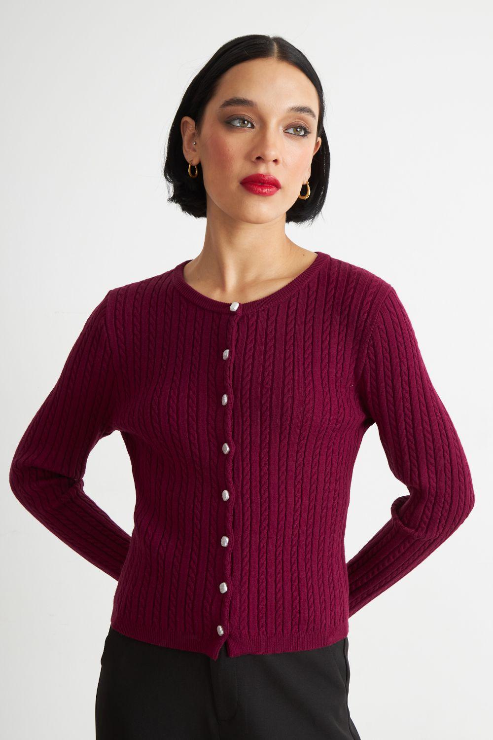 Cárdigan Trenzado Cuello Redondo Burdeo Nicopoly-4