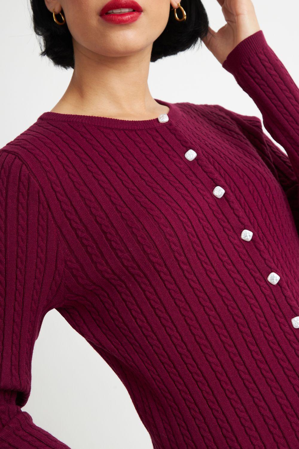 Cárdigan Trenzado Cuello Redondo Burdeo Nicopoly-5