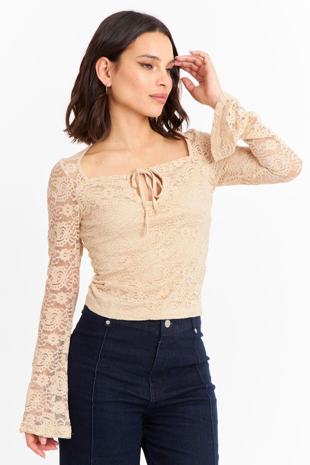 Polera Encaje Escote Nudo Beige Nicopoly-0