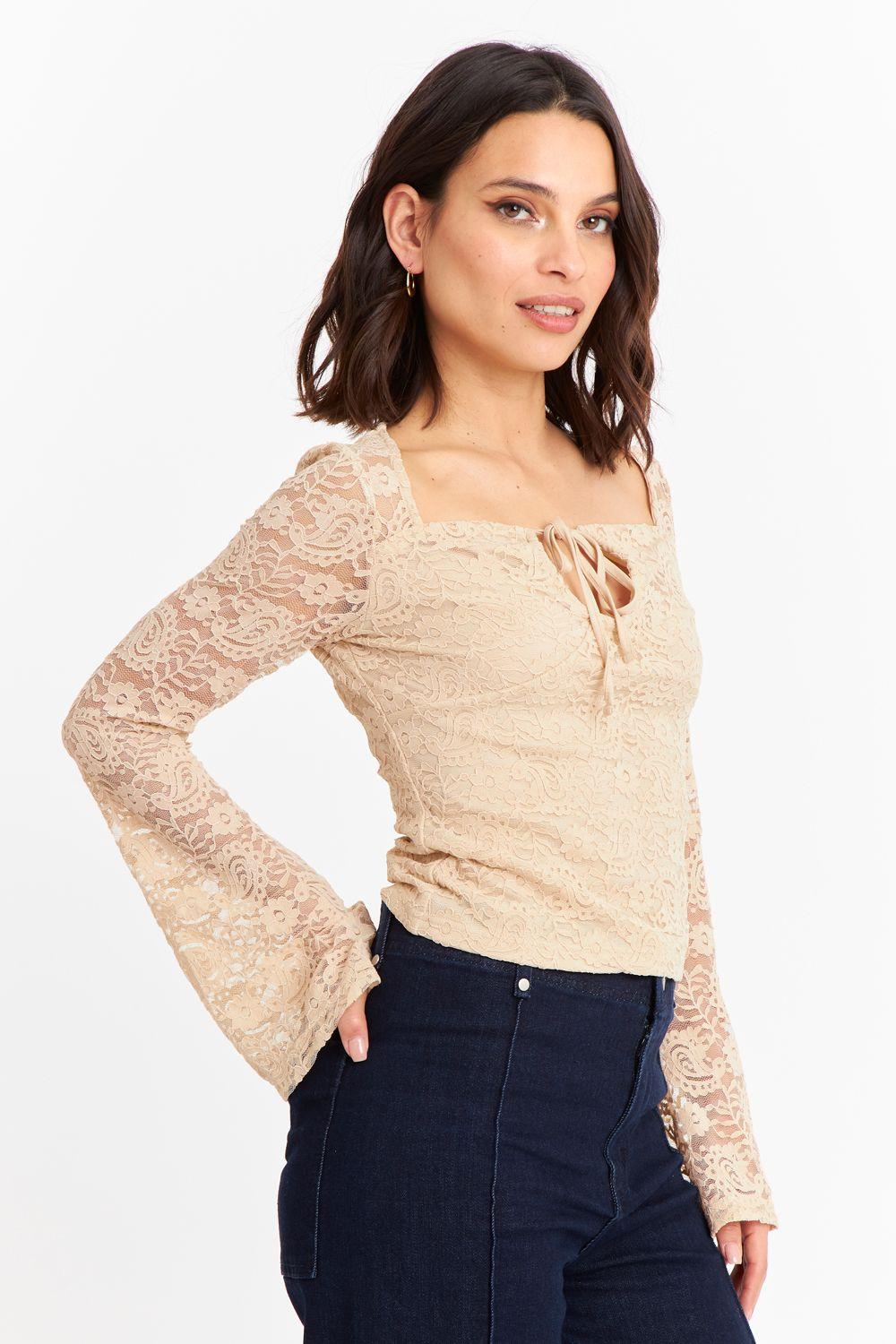 Polera Encaje Escote Nudo Beige Nicopoly-2