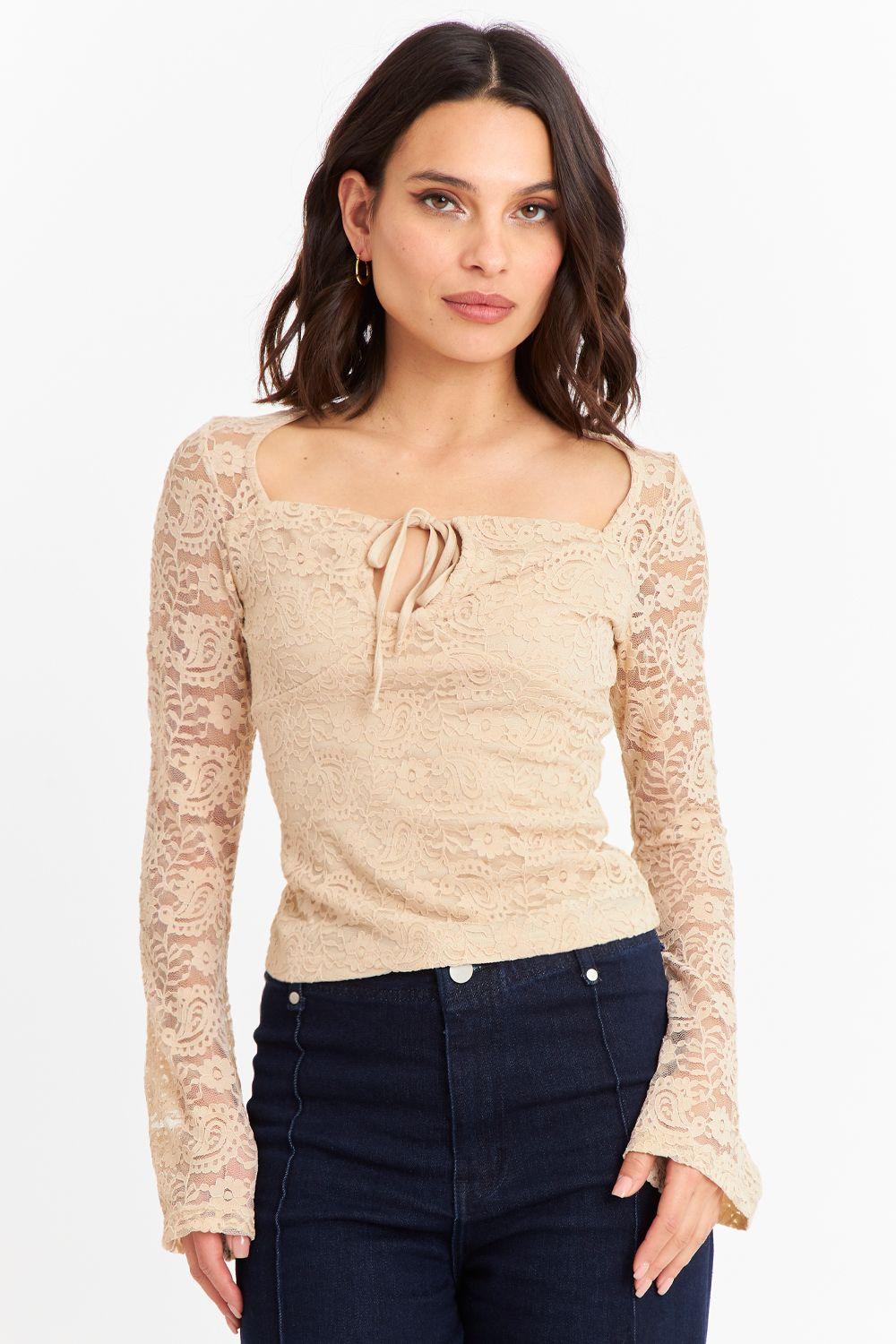 Polera Encaje Escote Nudo Beige Nicopoly-4