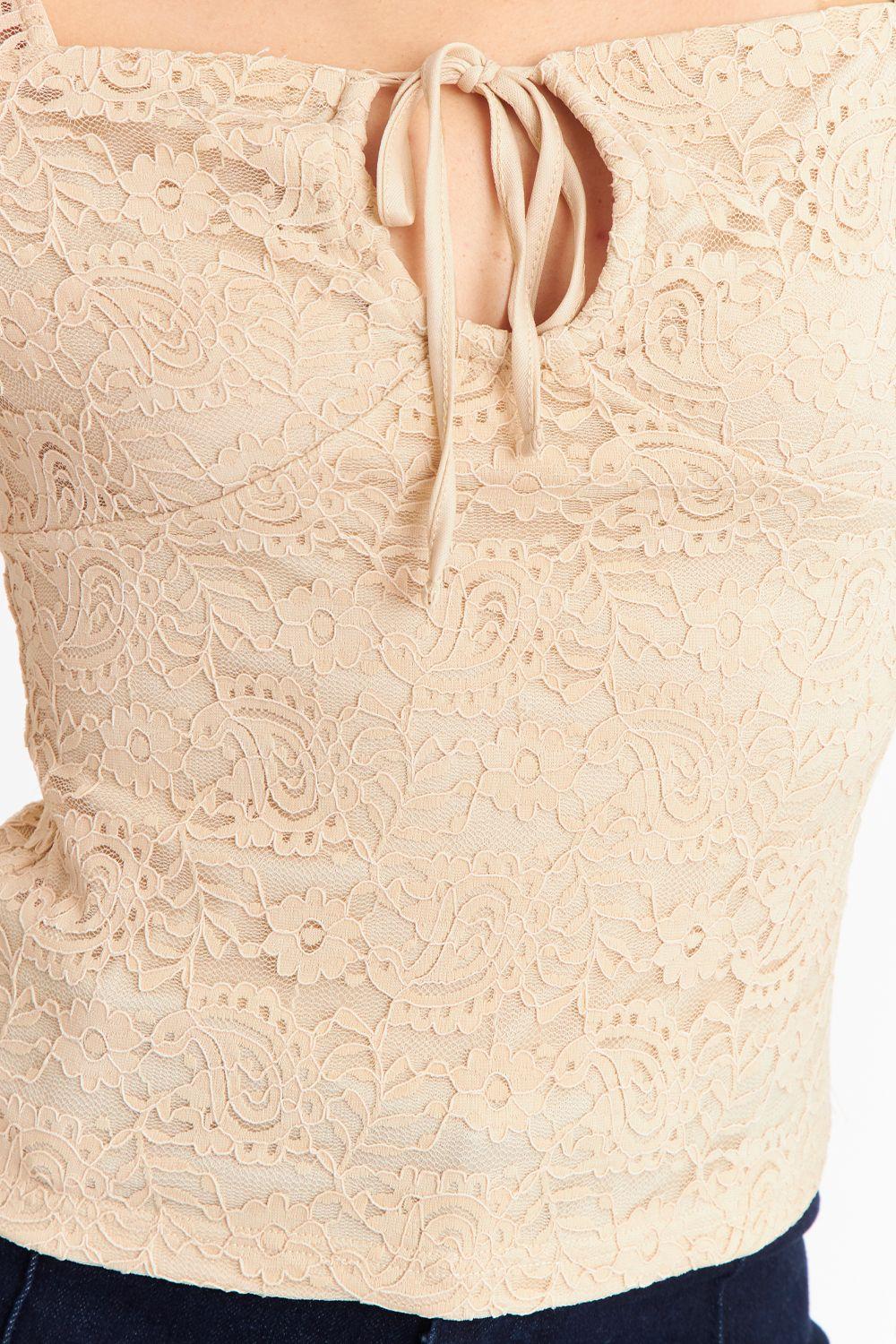 Polera Encaje Escote Nudo Beige Nicopoly-5