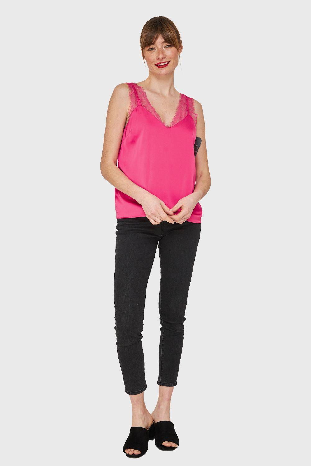 Blusa Satín Encaje Tirante Ancho Fucsia Nicopoly-1