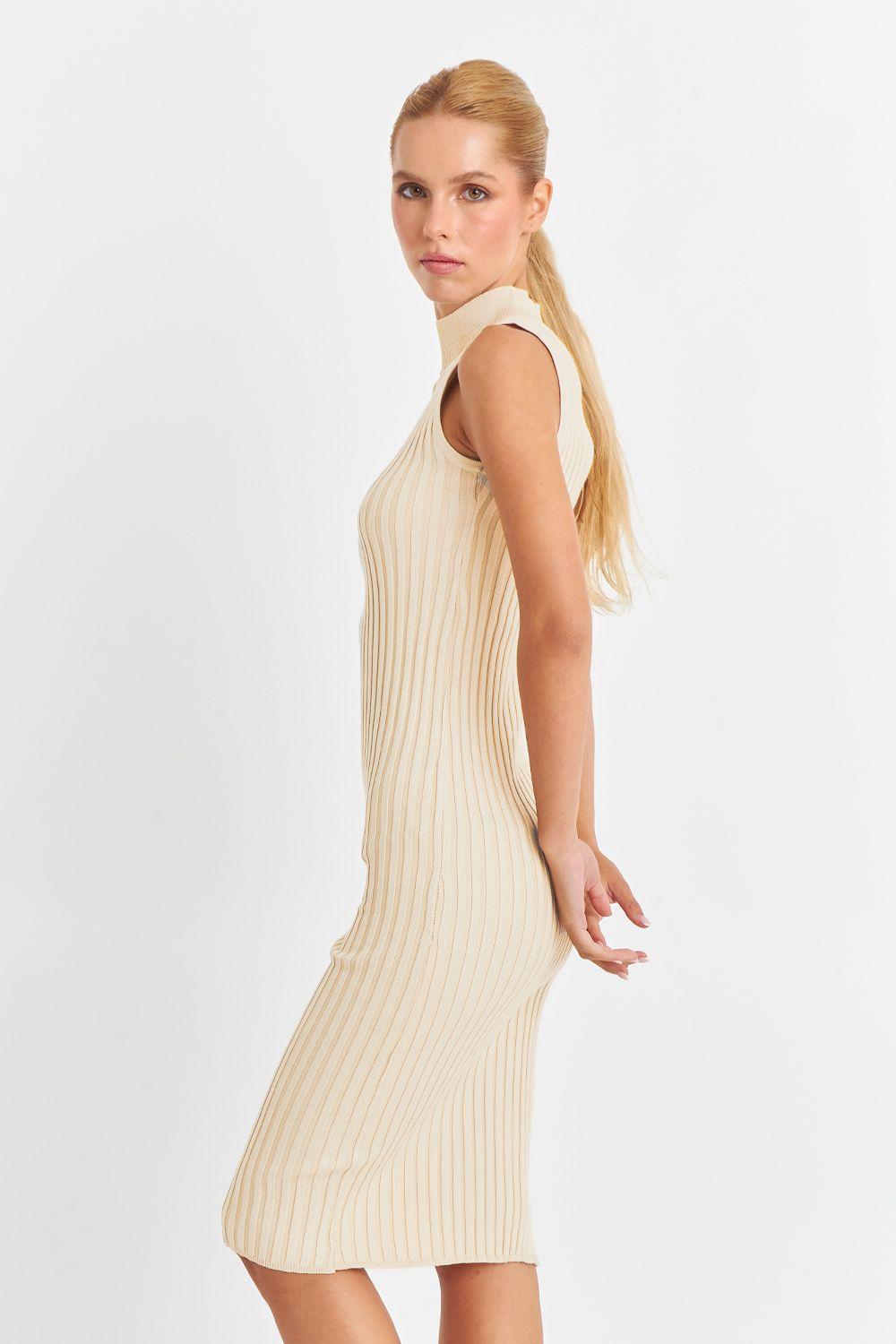 Vestido Acanalado Cuello Alto Beige Nicopoly-2