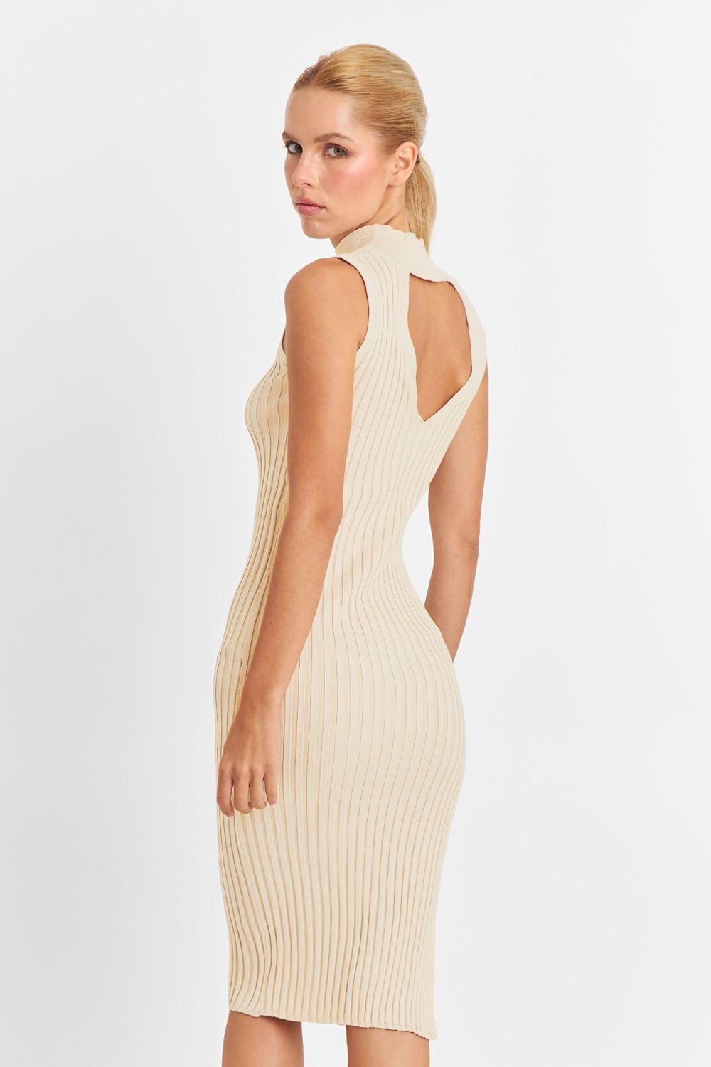 Vestido Acanalado Cuello Alto Beige Nicopoly-3