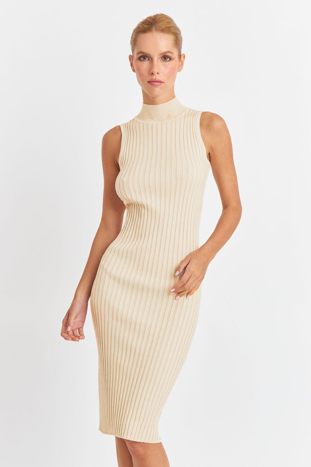 Vestido Acanalado Cuello Alto Beige Nicopoly-4