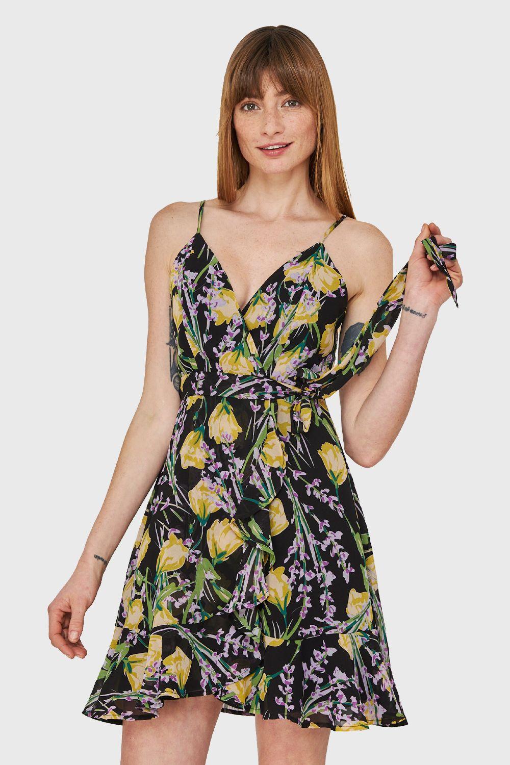 Vestido Corte Tulipán Floreado Negro Nicopoly-0