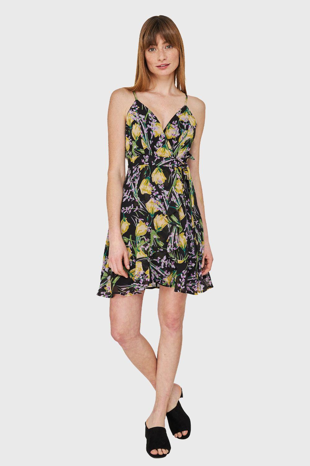 Vestido Corte Tulipán Floreado Negro Nicopoly-1