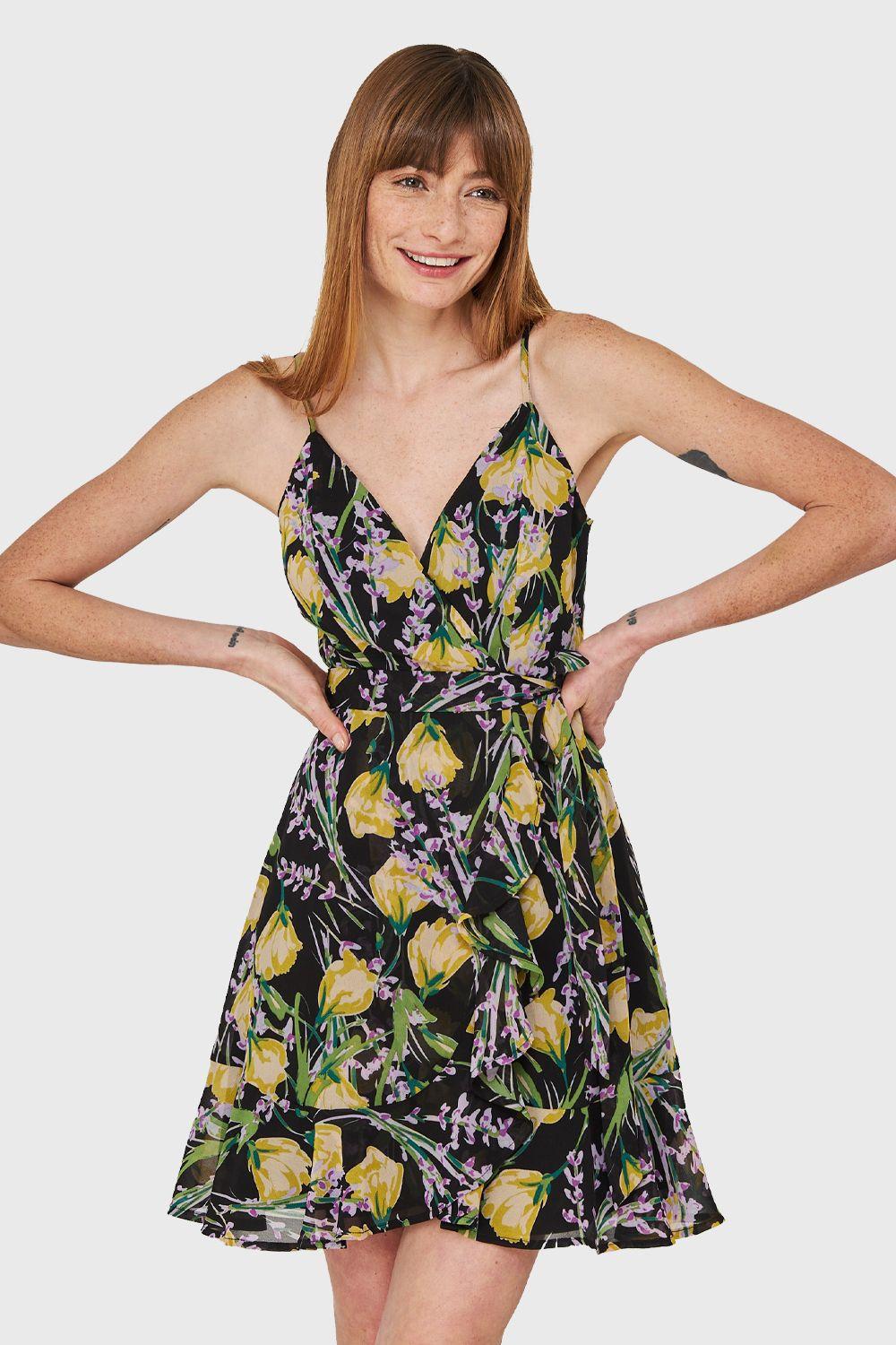 Vestido Corte Tulipán Floreado Negro Nicopoly-4