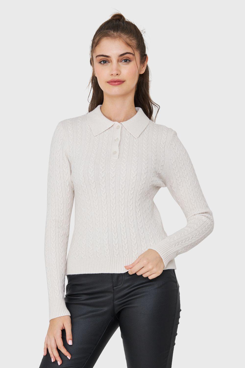 Sweater Cuello Camisero Cadenetas Blanco Invierno Nicopoly-0
