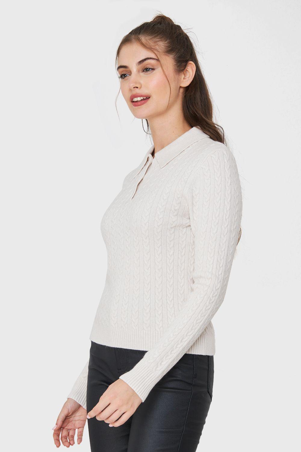 Sweater Cuello Camisero Cadenetas Blanco Invierno Nicopoly-2