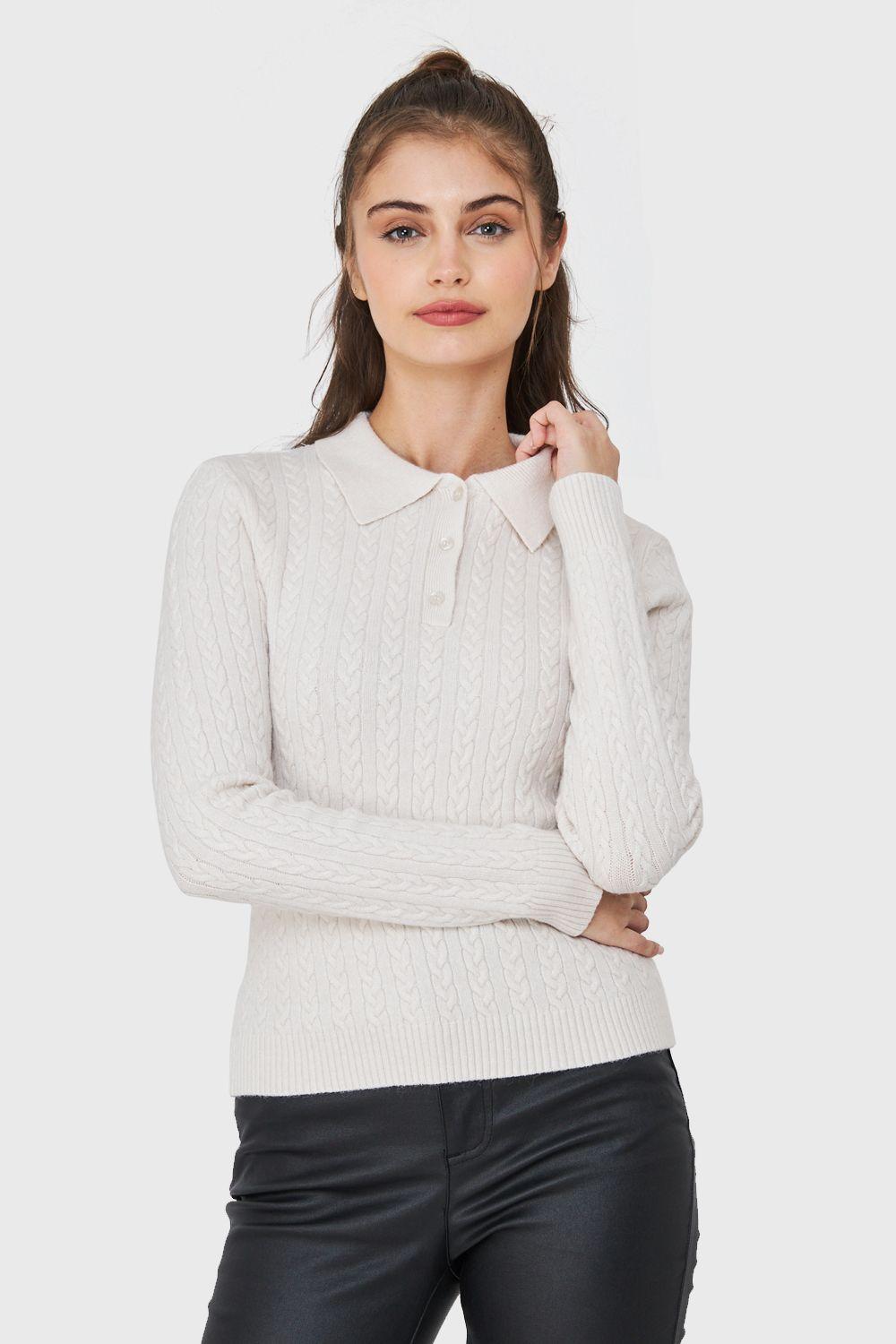 Sweater Cuello Camisero Cadenetas Blanco Invierno Nicopoly-4