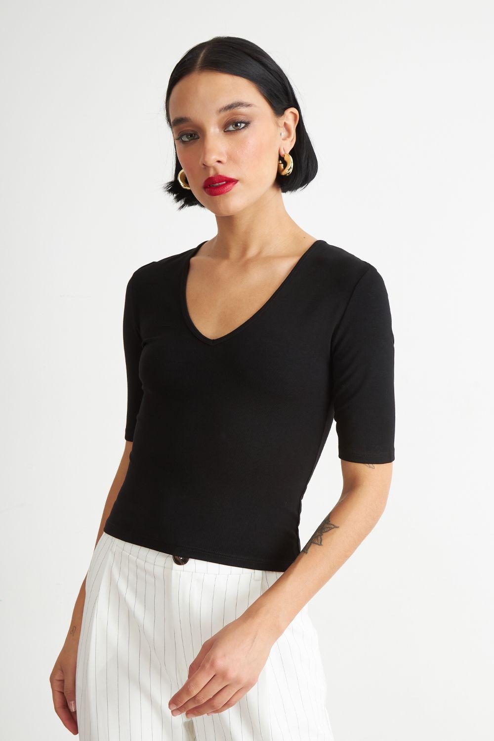 Polera Manga Corta Cuello Tipo U Negro Nicopoly-0