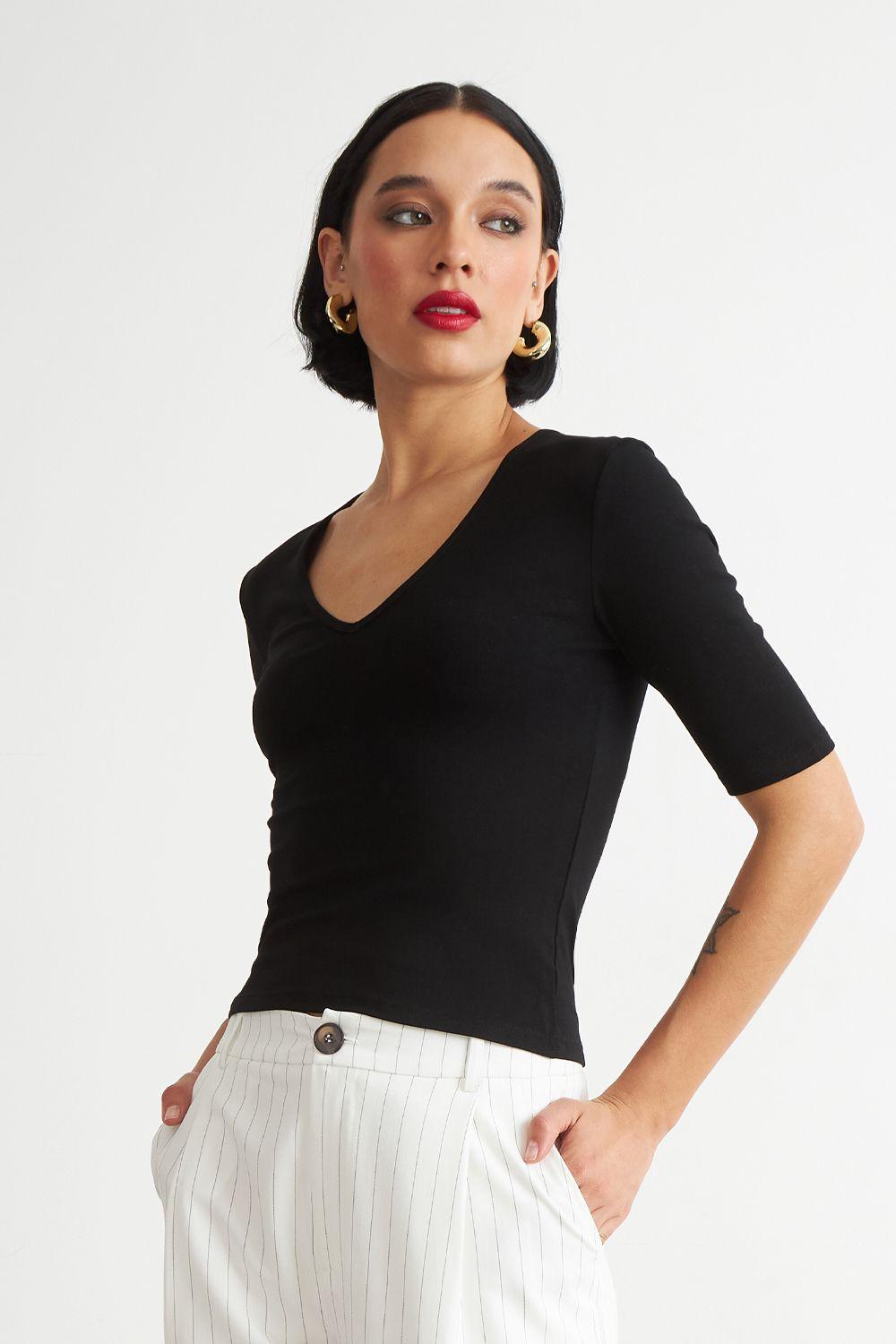 Polera Manga Corta Cuello Tipo U Negro Nicopoly-2