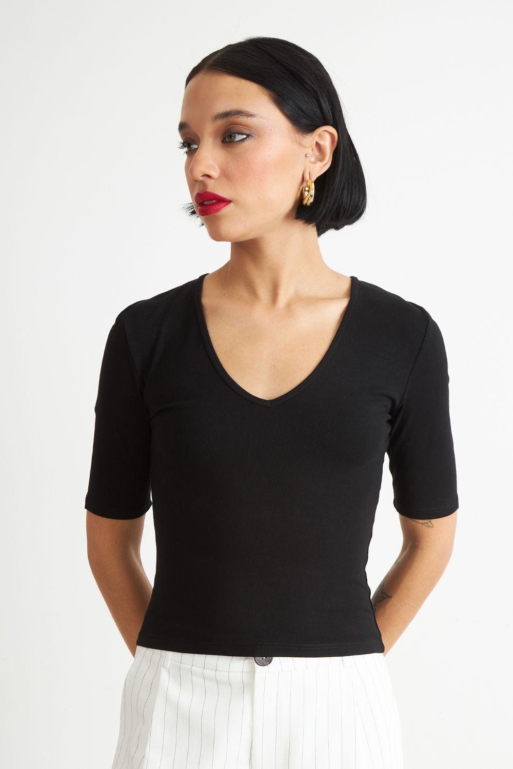 Polera Manga Corta Cuello Tipo U Negro Nicopoly-4