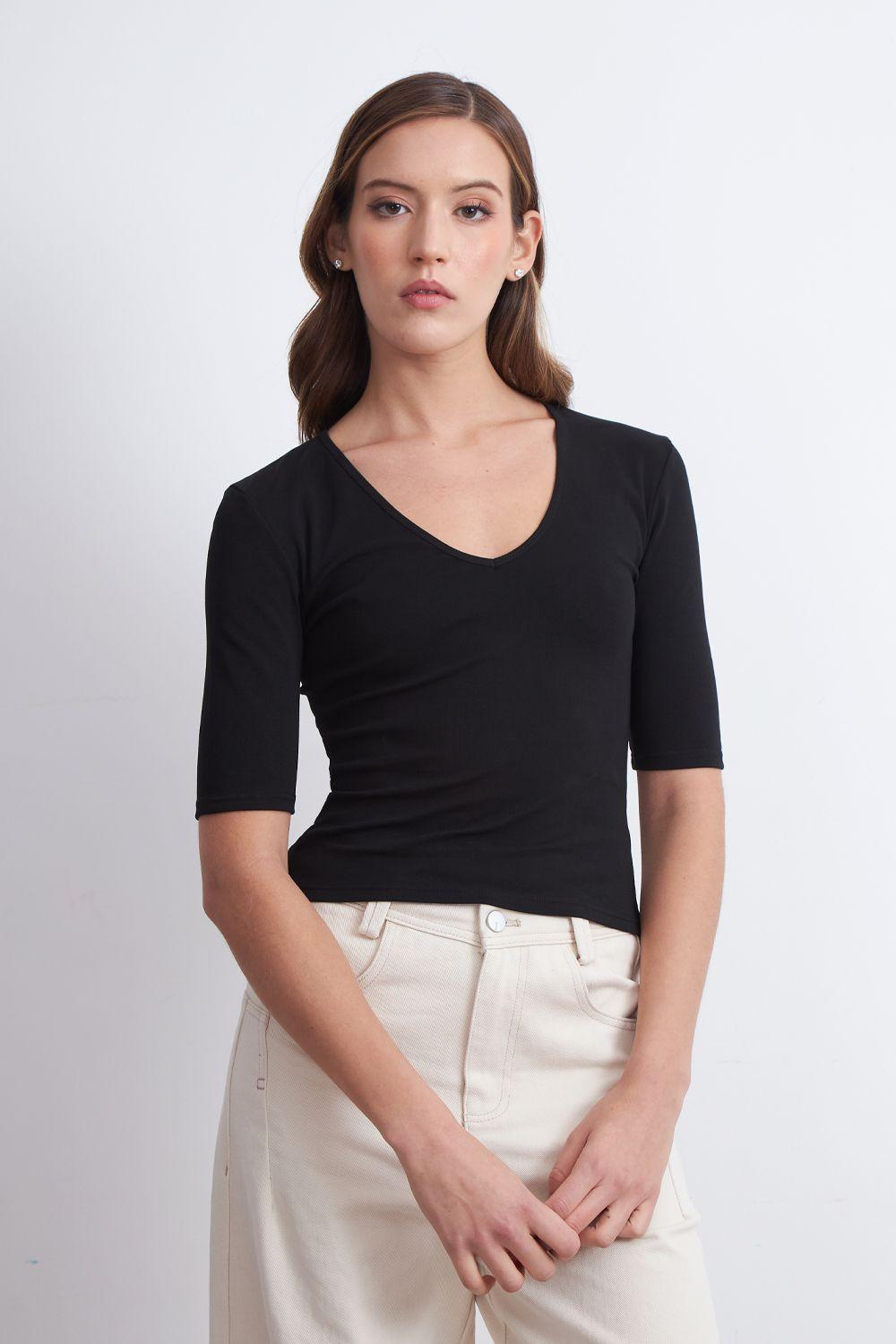 Polera Manga Corta Cuello Tipo U Negro Nicopoly-4