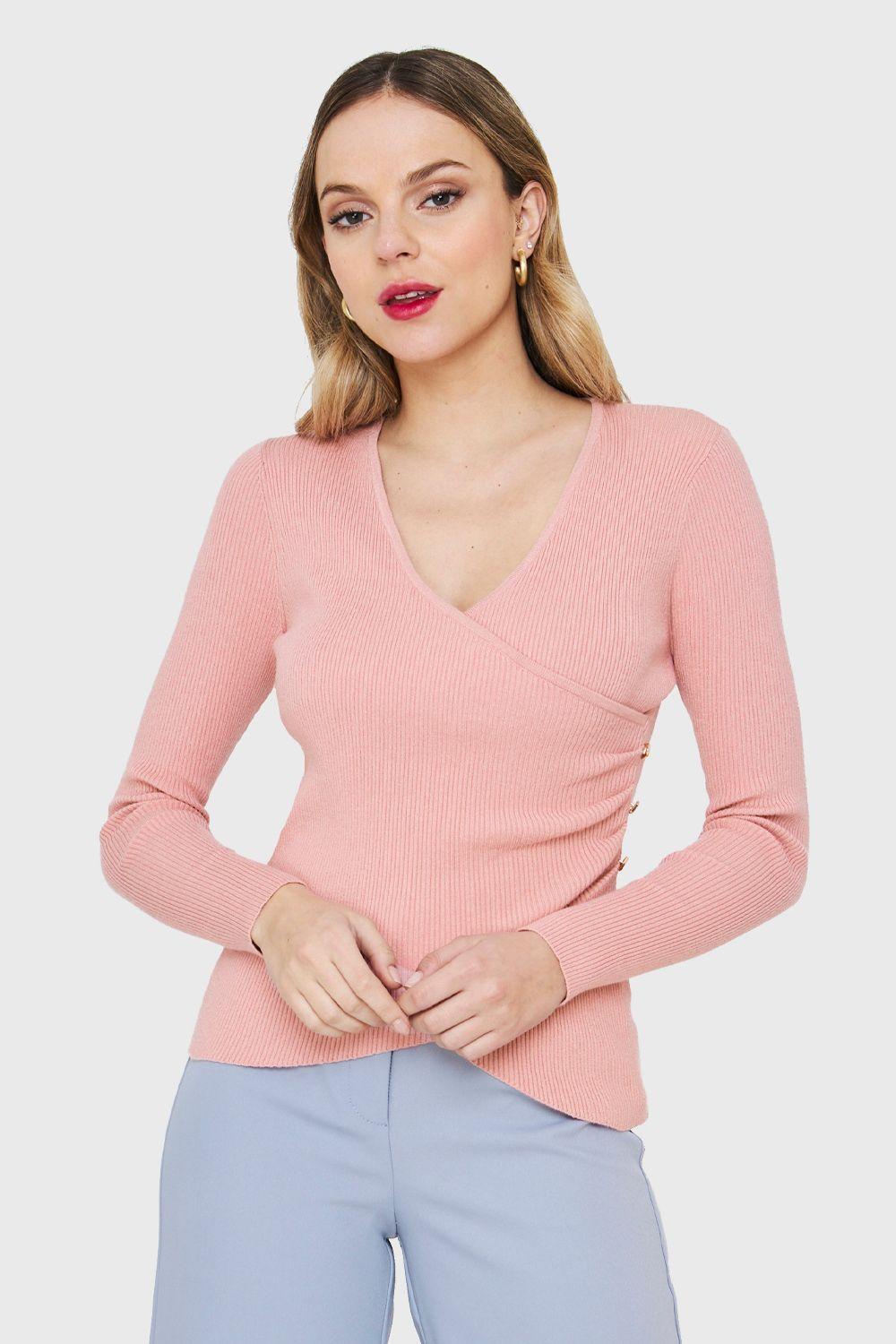Polera Canalé Botones Decorativos Rosa Nicopoly-0