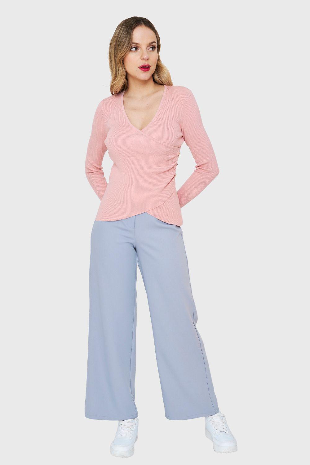 Polera Canalé Botones Decorativos Rosa Nicopoly-1
