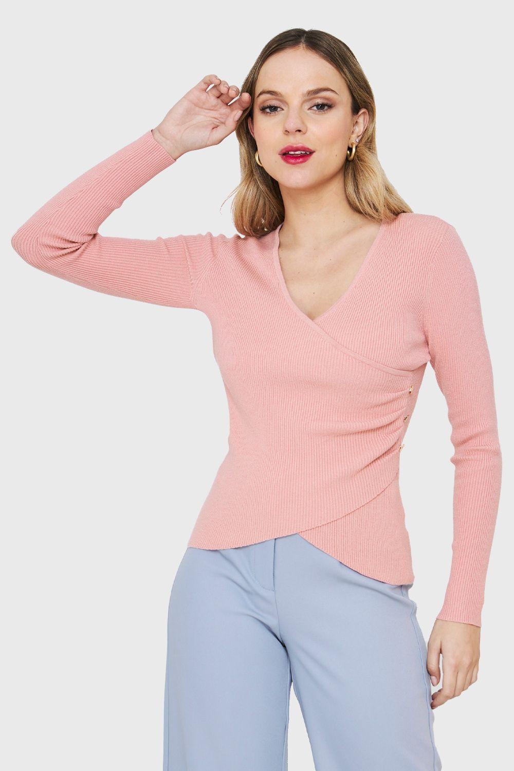 Polera Canalé Botones Decorativos Rosa Nicopoly-4